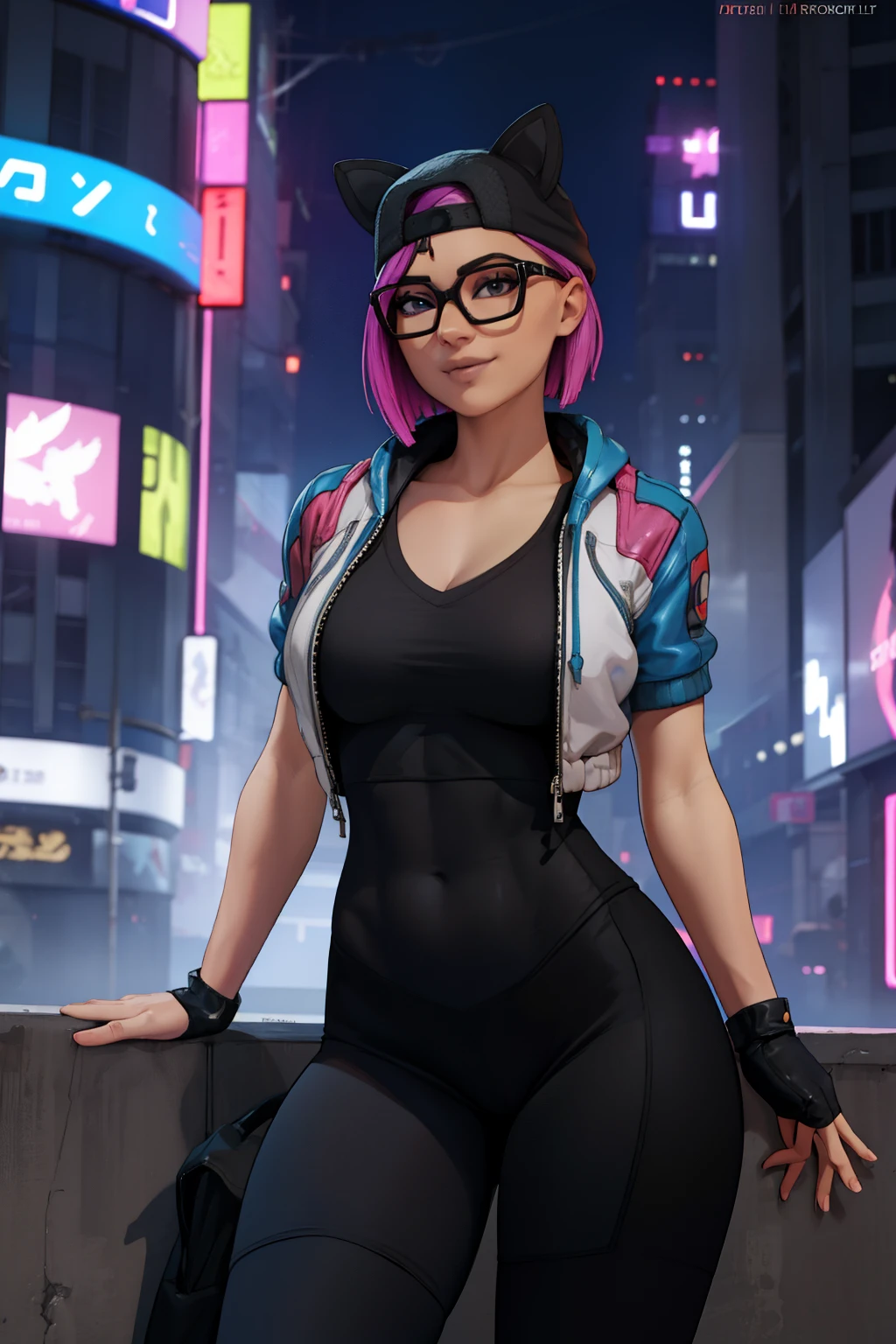 (masterpiece), (best quality), standing, (alone), looking at viewer, highly detailed, extremely detailed, cyberpunk Night, thin eyes, smile, dynamic pose, short pink hair, cap, loose black v-neck t-shirt V, jacket, fingerless glove, curves, glasses,(gray leggings),(portrait:1.2),