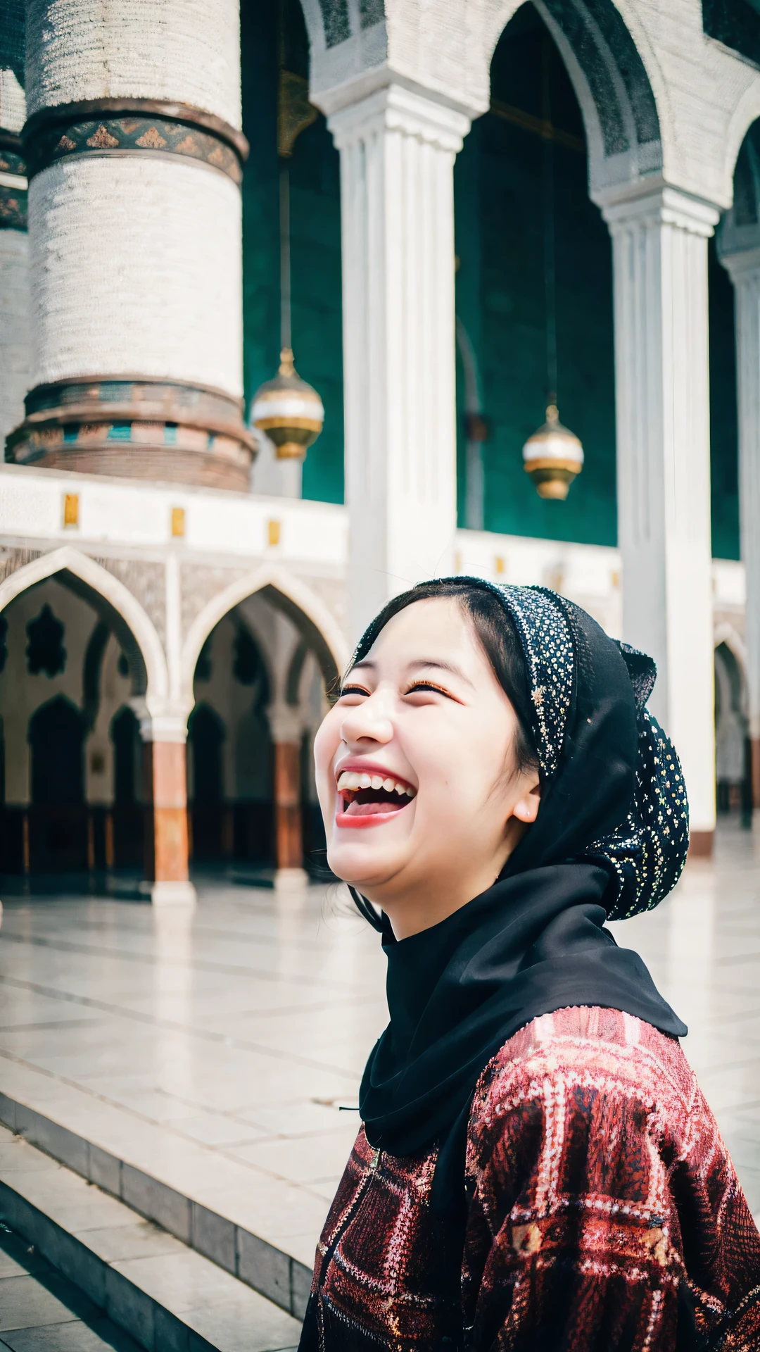 (8K, highest quality, masterpiece: 1.2), Super detailed, super resolution, a beautiful girl, (huge Laughing:1.1), (open mouth), mosque