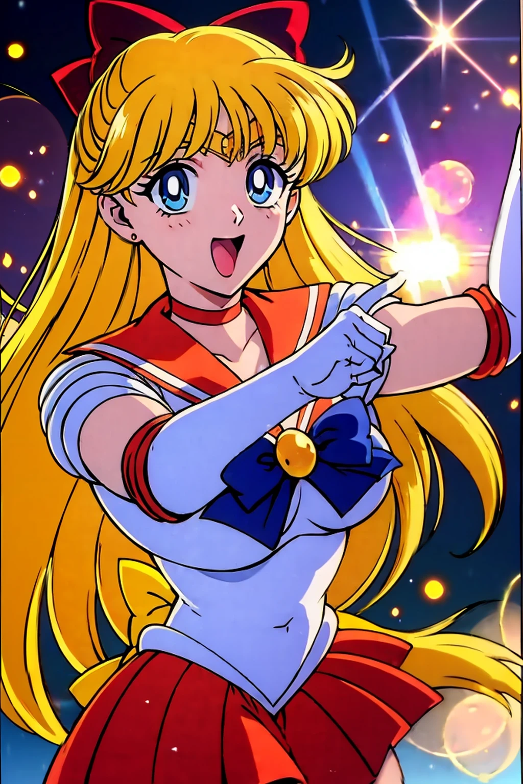 (masterpiece:1.3),(highest quality:1.4),(ultra detailed:1.5),High resolution,extremely detailed,unity 8k wallpaper,Official Art,Perfect Anatomy,(Anime screenshots:1.11),(90s Anime,90s Anime style,cell shaded anime:1.17),4fingers and 1thumbs,((solo:1.52)), (1990s \(style\), retro artstyle:1.5),anmnr,((sv1:1.52)),((Sailor Venus:1.37)),sailor senshi uniform, orange skirt, elbow gloves, tiara, orange sailor collar, red bow, orange choker, white gloves, jewelry,Open Mouth Smile. (Dynamic boxing pose:1.25), Strong lighting),to be born,Color Theme Red, Dramatic Light, (Expressions of joy:1.4),magician, Spell Magic, magic circle, ((Magic in the hands)),(Use the magic of light:1.14),Fire Magic, Imaginative Overlays, Artistic Fusion,Great scene, moving story, Impressive visuals, (Shining Eyes),Looks good on the eyes,Looks good on the eyes,Eye focus,(Carefully crafted brilliance, Lens flare:1.7),(Expressions of joy:1.51),Octane Rendering,Rainbow Paint Drops,Woman made of paint,Full Paint,(Movie Background),Splat,splash,Dark and blurry background,close,(Best writing, Very delicate and beautiful),Beautiful sparkle in every detail,(Soft Light:1.2),(Soft Money Tone Lighting),W腕 and Soft Lighting,Dramatic Light,((Cinematic Light)),Ambient Occlusion,Zhou Xianguang,intense,powerful,Absolutely eye-catching splashes of color,((caustic)),ray tracing reflection,The light shines,morning,