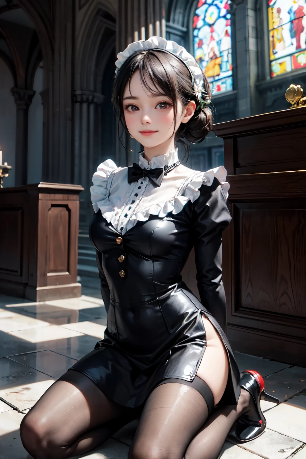 very cute and beautiful girl,(highly detailed beautiful face),(smile:1.25),happy,blush,embarrassed,black hair,looking at viewer,
(floral pattern brown lolita dress with detailed frills),detailed lace,
kneeling,arms behind back,altar,church,indoors,
(best quality,masterpiece),absurdres,highres,ultra-detailed,extremely detailed,32k,8k resolution,
intricate details,cinematic scene,detailed background,solo,dynamic angle,