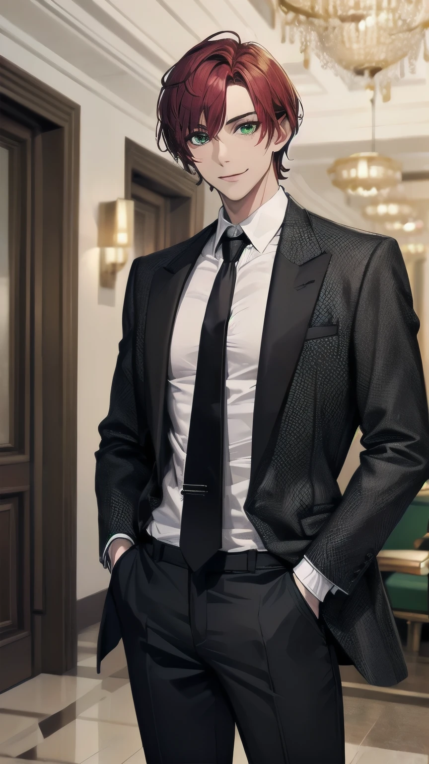(masterpiece), ((sfw)), best quality, expressive eyes, perfect face, mature male, (1boy, adult Man, young adult, handsome man), solo, red hair BREAK bob cut, green eyes BREAK (tanned skin, tanned male), formal outfit, black outfit, necktie, white gloves BREAK standing, smile, fancy lobby, indoors, closed mouth, smile, male focus, looking_at_viewer, indoors, ((fancy hotel, lobby)) ,