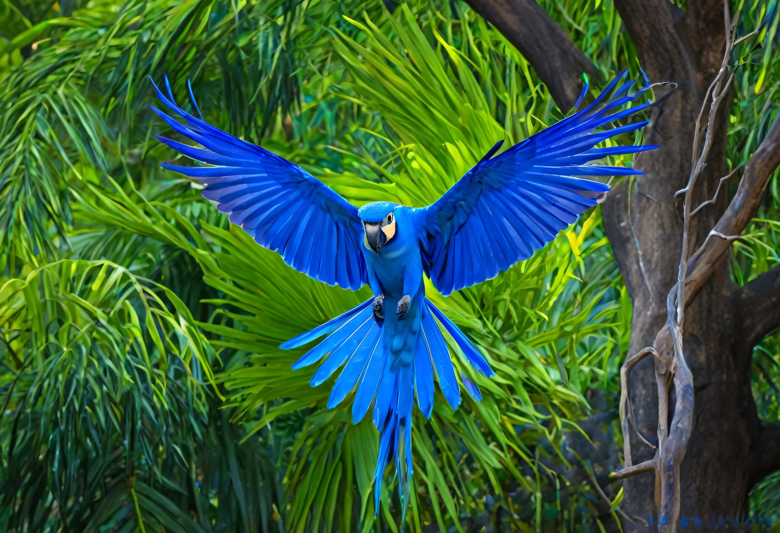 araffy blue bird  with wings spread out on a tree branch, blue bird , Vibrant Blue, Ophanim has the wings of a bird, Wearing blue clothes, Vivid but boring blue, Blue macaw, Beautiful Nature, Blue Phoenix Bird, Bluish, blue, with large wings, Beautiful and elegant, ultramarine, In flight, Very beautiful, Physical Geographical Photography