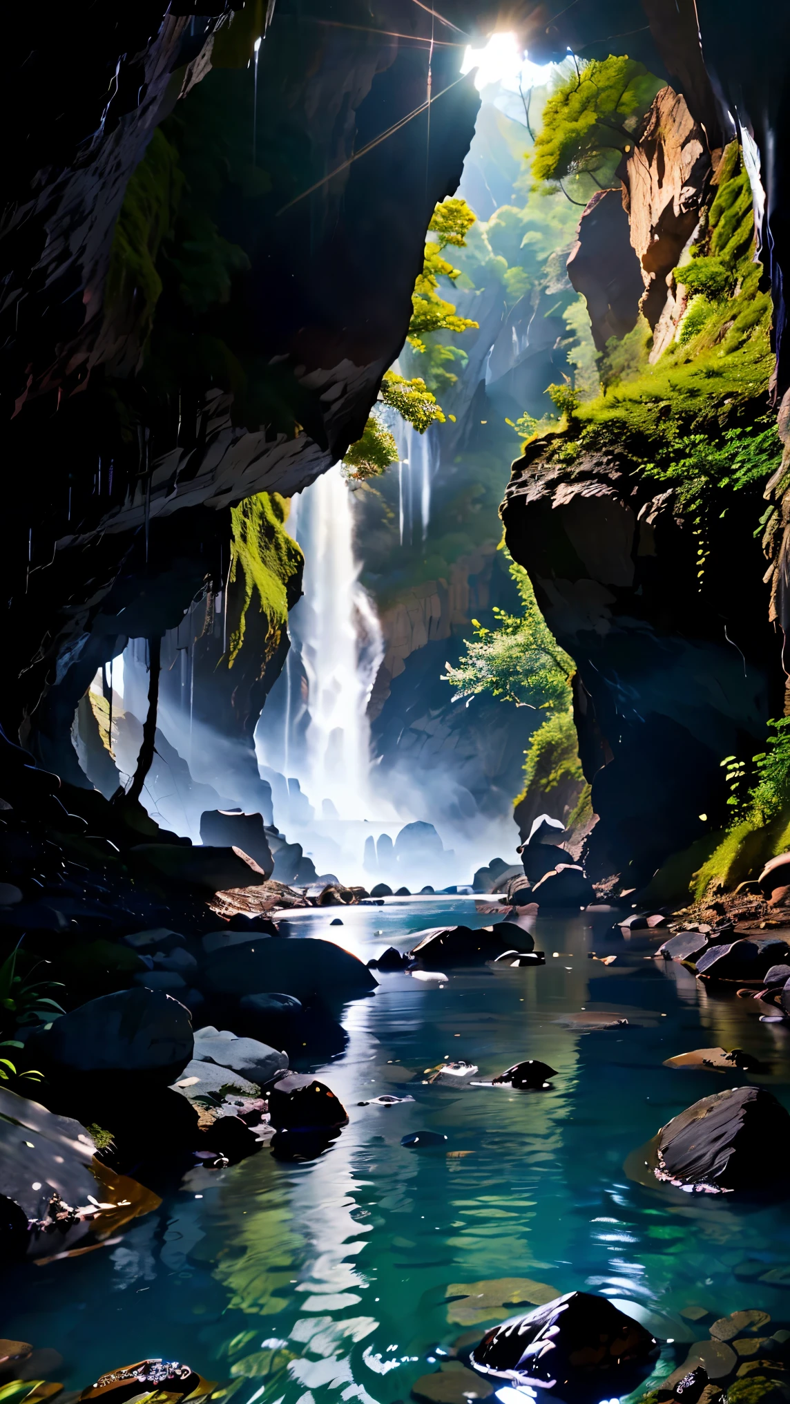  (8k, RAW Photos, 最high quality, masterpiece:1.2), High-quality RAW color photos, Professional photo shoot, Scenery of a small waterfall in a cave, water flowing, Quiet Flow, Amazing illumination, Mysterious cave scenery, dim, Rocks and shining stalactites, Water reflection, Lens flare, high quality, photo shoot.