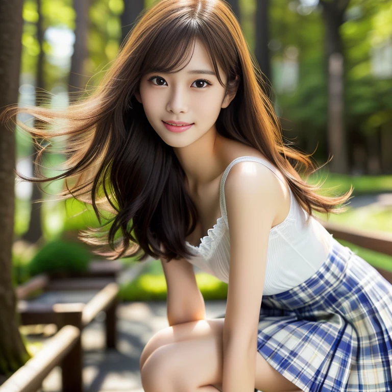 Photo-realistic quality、Forest Path、A Japanese woman in her fifties wearing a sheer white top squatting on a bench, Thin shoulder straps、Checked mini skirt、realistic Young Gravure Idol, Beautiful Japanese girl face, Young and cute gravure idol, Young Gravure Idol, Japanese Model, Young Sensual Gravure Idol, Young and skinny gravure idol, Beautiful girl model, long hair japanese girl, A sophisticated gravure idol、looking at the camera、A soft and gentle look、Cute smile