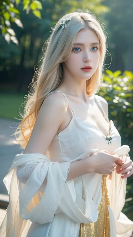 masterpiece, Ultra realistic, 16k, high quality, incredibly detailed, dream aesthetic, dream atmosphere, cinematic, work of art, (sharp focus: 1.5), (photorealistic: 1.3), featured (Beautiful hot girl), pretty delicate girl (Princess), cinematic, detailed, 4k sharp focus, realistic. Gorgeous. Seductive. pale-blond hair (realistic texture), illuminated silky and shiny hair, detailed hair (realistic), very pale-golden hair. gorgeous detailed face. framing her pale, (pale-white skin) alabaster skin that seems to glow ethereally. Her attire is goth. Voluptuous form. Turquoise blue eyes (intense eyes look). A symmetrical face ::2 goth clothes + trending on artstation + fantasy art + realistic cloth + fractals in the background, flowing hair --aspect 9:21 --uplight his otherworldly beauty. realistic skin texture, pale-white skin illuminated. realistic perfect shading. absurdres, realistic textures. solo, alone, 1girl. looking at viewer. female muscular body, toned body, defined muscles. Large natural breasts, cleavage. pantyhose, a (white) royal queen dress adorned in gold (realistic texture). In Different positions at different angles. Day background. unbelievably real, best quality, Photorealistic.