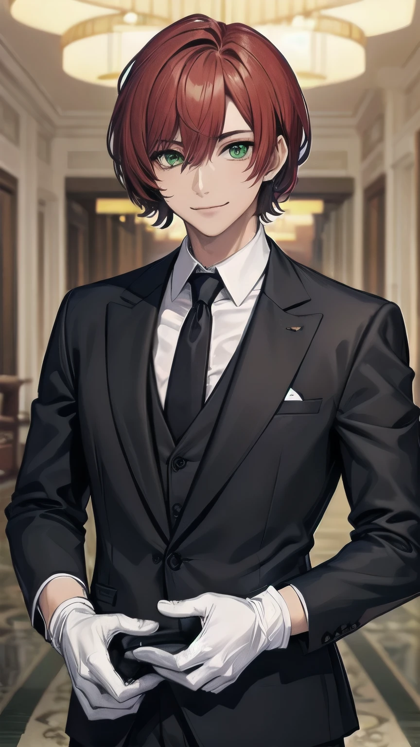 (masterpiece), ((sfw)), best quality, expressive eyes, perfect face, mature male, (1boy, adult Man, young adult, handsome man), solo, red hair BREAK bob cut, green eyes BREAK (tanned skin, tanned male), formal outfit, black outfit, necktie, white gloves BREAK standing, smile, fancy lobby, indoors, closed mouth, smile, male focus, looking_at_viewer, indoors, ((fancy hotel, lobby)) ,