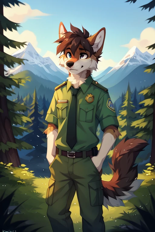 solo，full body，Male，dog，brown hands，park ranger，trousers，outdoor，park ranger green tie，((Campaign Cover))，Evergreen pine forest and mountains national park in the background，park ranger jeep，Environmental protection area, ((by keihound, by reysi)), by Zackary911, by hyattlen, by fumiko, by fluff-kevlar, Furry, Anthro,