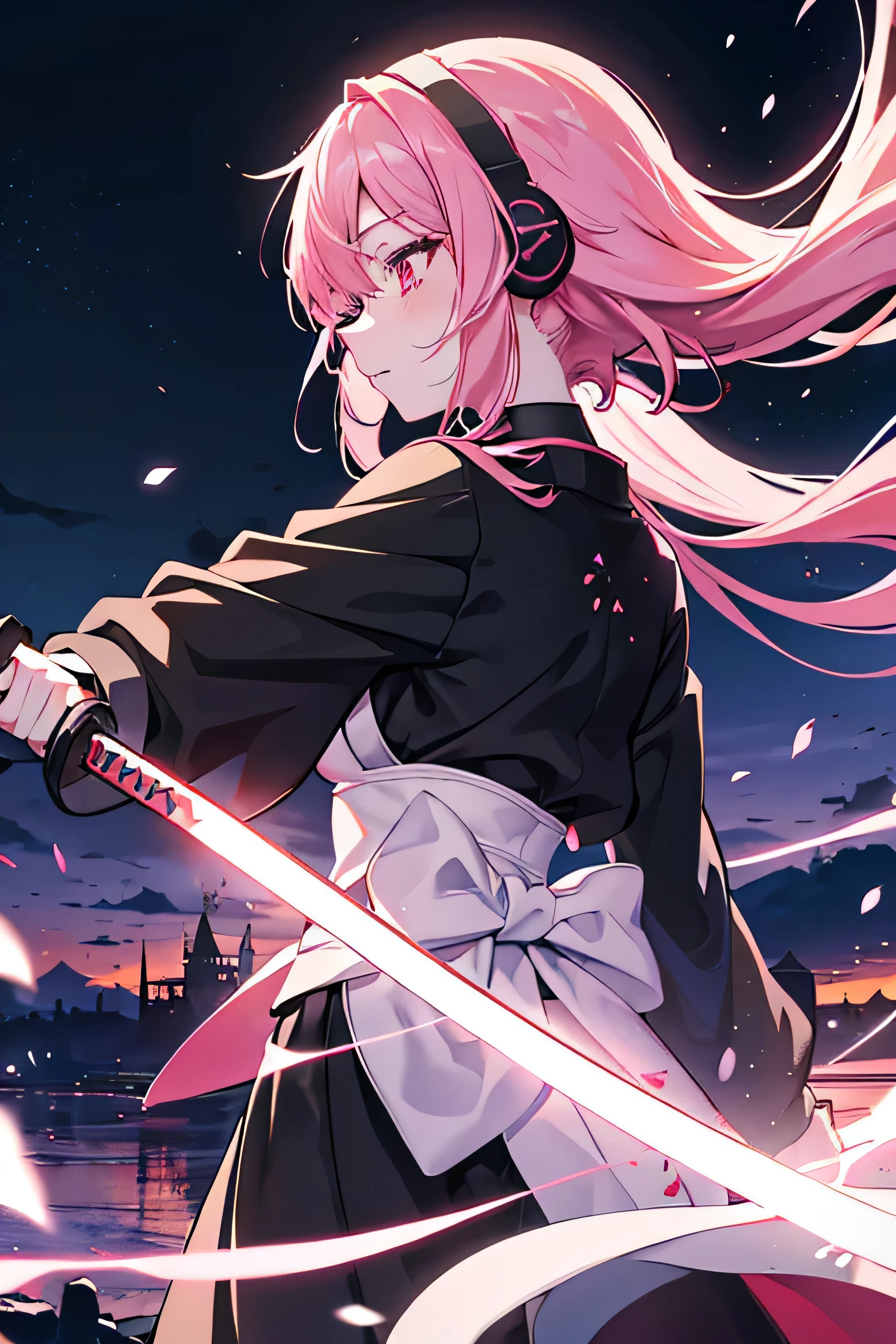 kawai bloody anime girl looking at the horizon with a castle floating in the distance and people in the distance with powers, pink hair, happy, headphones on listening to music and dancing panorama mode image that shows the landscape and that the girl does not look at the camera and that her entire body is seen, with a sandess on her face, closing her eyes, with a katana hanging on her waist, anime, anime!!! 4k blood everywhere not a happy ending and a tear falling off her eyes ninja style