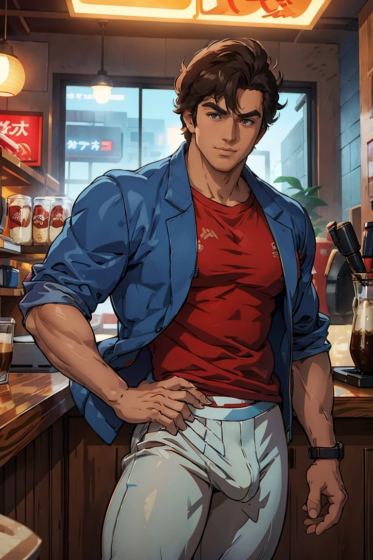 (saeba ryo city hunter ) blue suit jacket Red t-shirt, underwear, lewd smile, standing in front of a coffee shop.