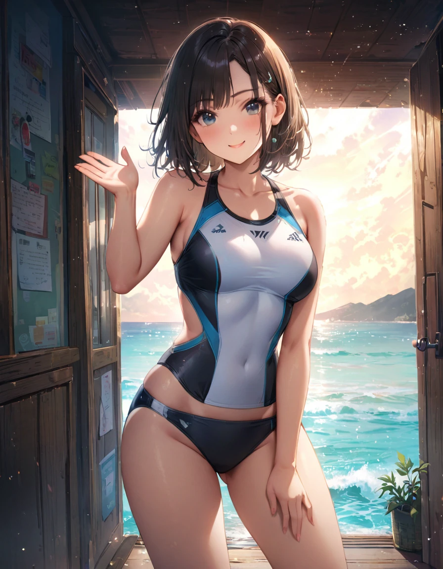 highest quality, Perfect Face, Complex, Beautiful views, Ultra-realistic 8K CG,Perfect artwork, 1 Female, Sayuri, Young face, round face, Droopy eyes, Wink, smile, Throw kiss, alone, Female teacher-like appearance, Swimsuit, ハイレッグSwimsuit, With decorative ornament, Vivitone, Side lighting, Shallow and sharp depth of field, Realistic