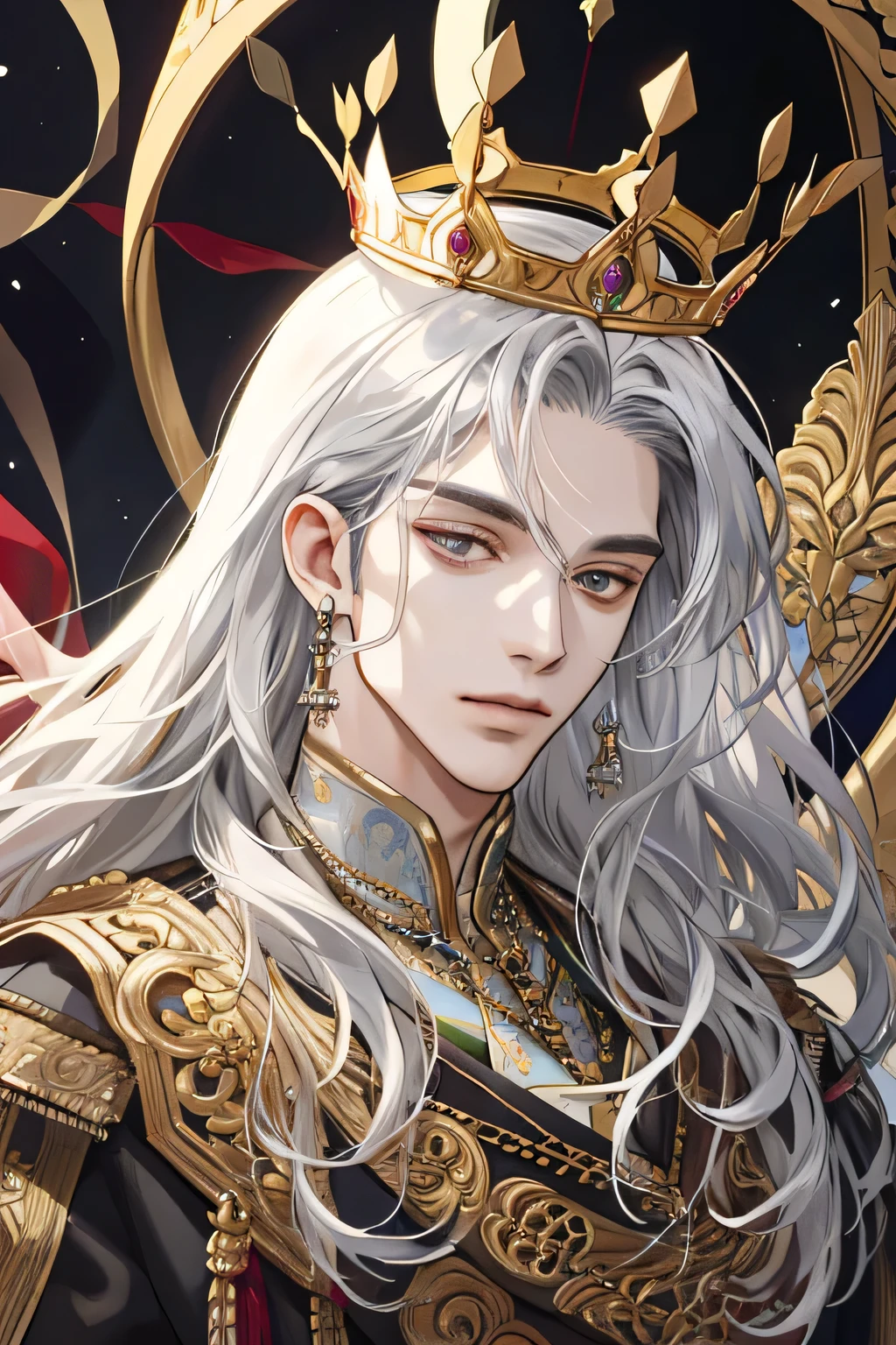 (extreamly delicate and beautiful:1.2), 8K,(masterpiece:1.0),(best_quality:1.0), 1 boy, adult, king of emporer, and intricate detailing, Enlarged textures, and intricate detailing, finely eye and detailed face, and intricate detailing, shiraga, long curl hair silver, (closed mouths), Perfect eyes, Equal eyes, golden eyes (A male god) with crown leaf yunani romawi