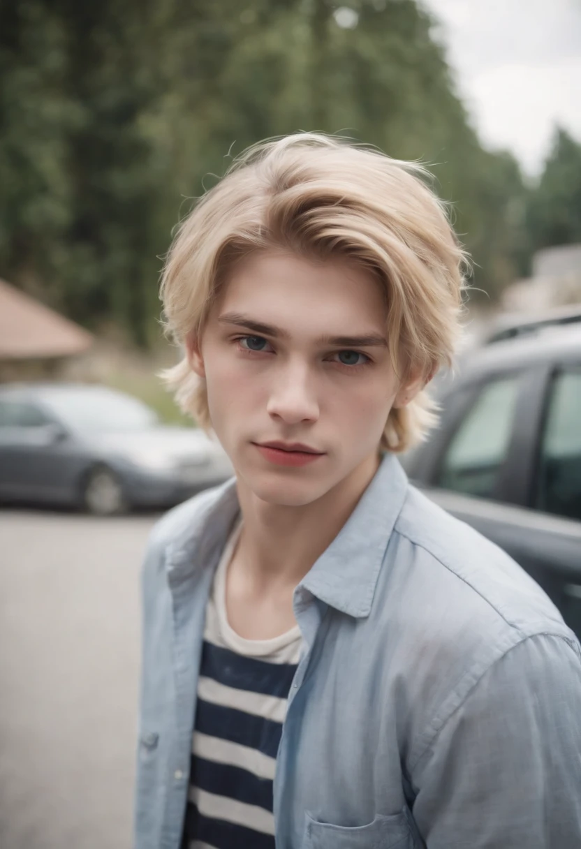 A 17 year old boy in the car, wearing a blue and white striped shirt, light blonde hair with brown streaks, white skin, wearing cargo pants, aesthetic, realistic, portrait with flash, messy hair but cool, call of duty style