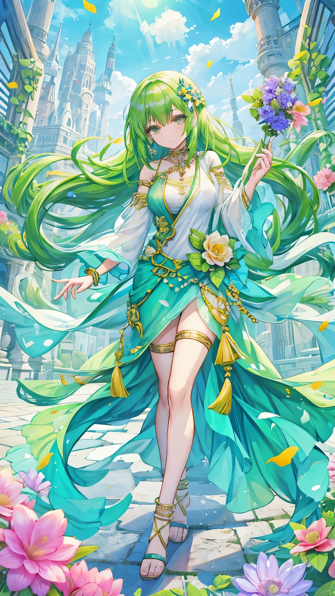 Woman, Green hair, Long hair, Anklet, Flowers, Full Body