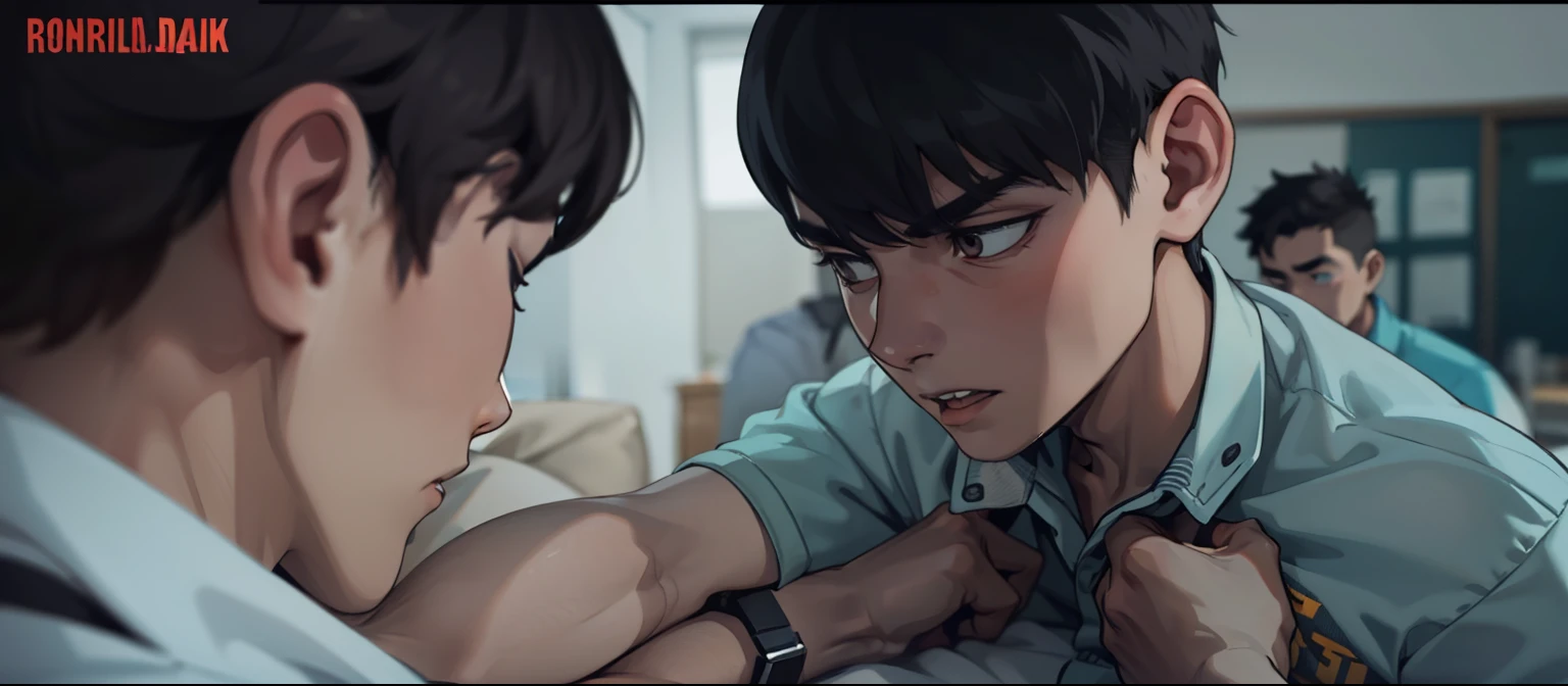 There are two 18 year old boys taking each other by the throat with anger.