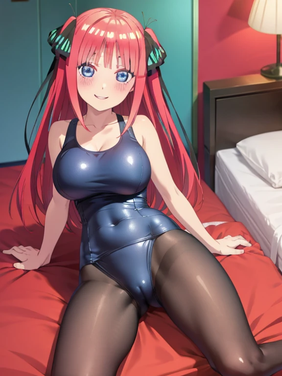 best quality, ultra-detailed masterpiece, anime art style, cute character, nino nakano, large breasts, blush, smile, one-piece swimsuit, pantyhose, sprawl, bedroom