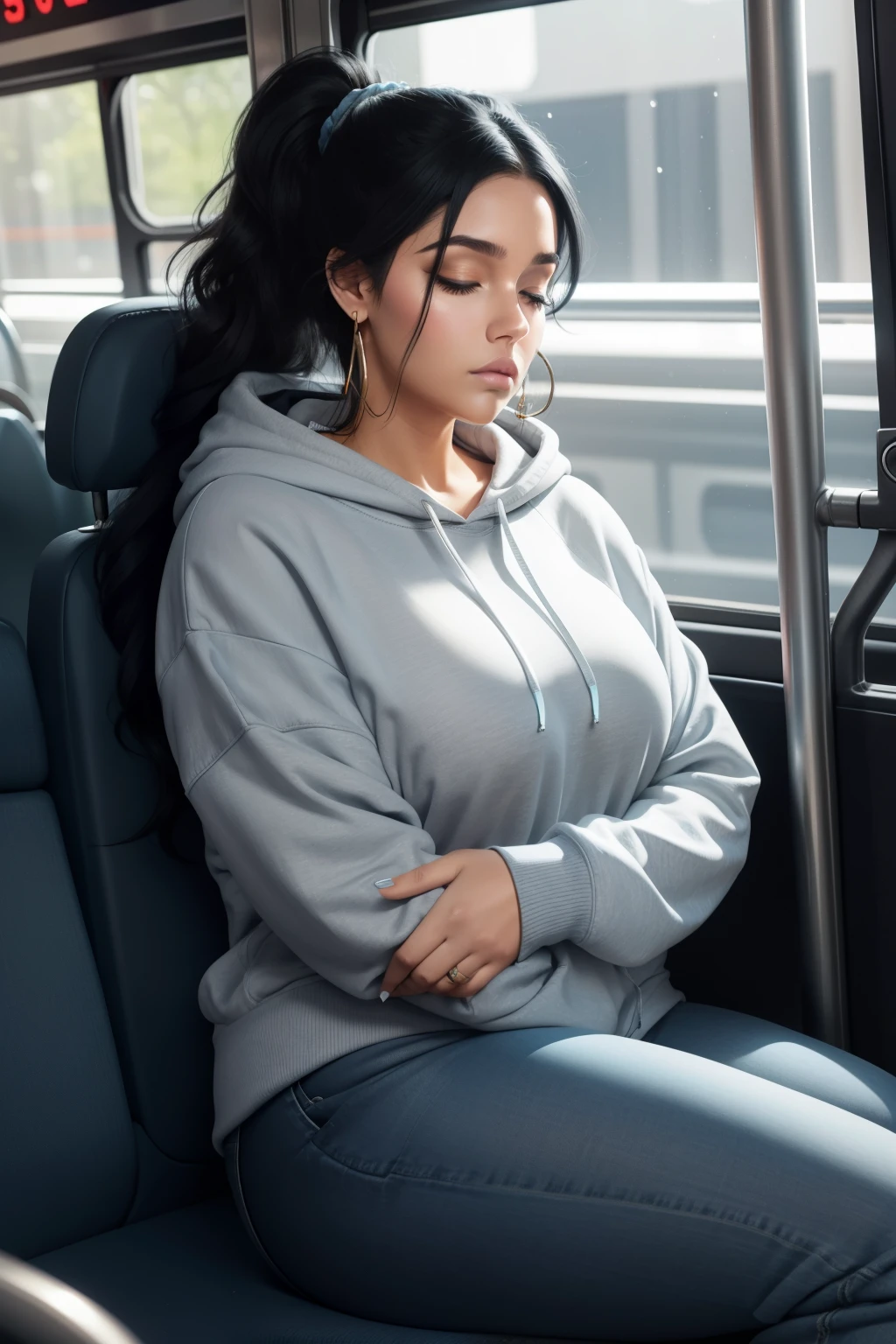 1 beautiful woman, curvy, large body, black hair, made-up face, ponytail, wavy tail, light blue jean pants, earrings, GRAY SWEATSHIRT WITH HOOD, big nails, made-up eyelids, sneakers, asleep lying on the bus, eyes closed, arms crossed, mouth open.