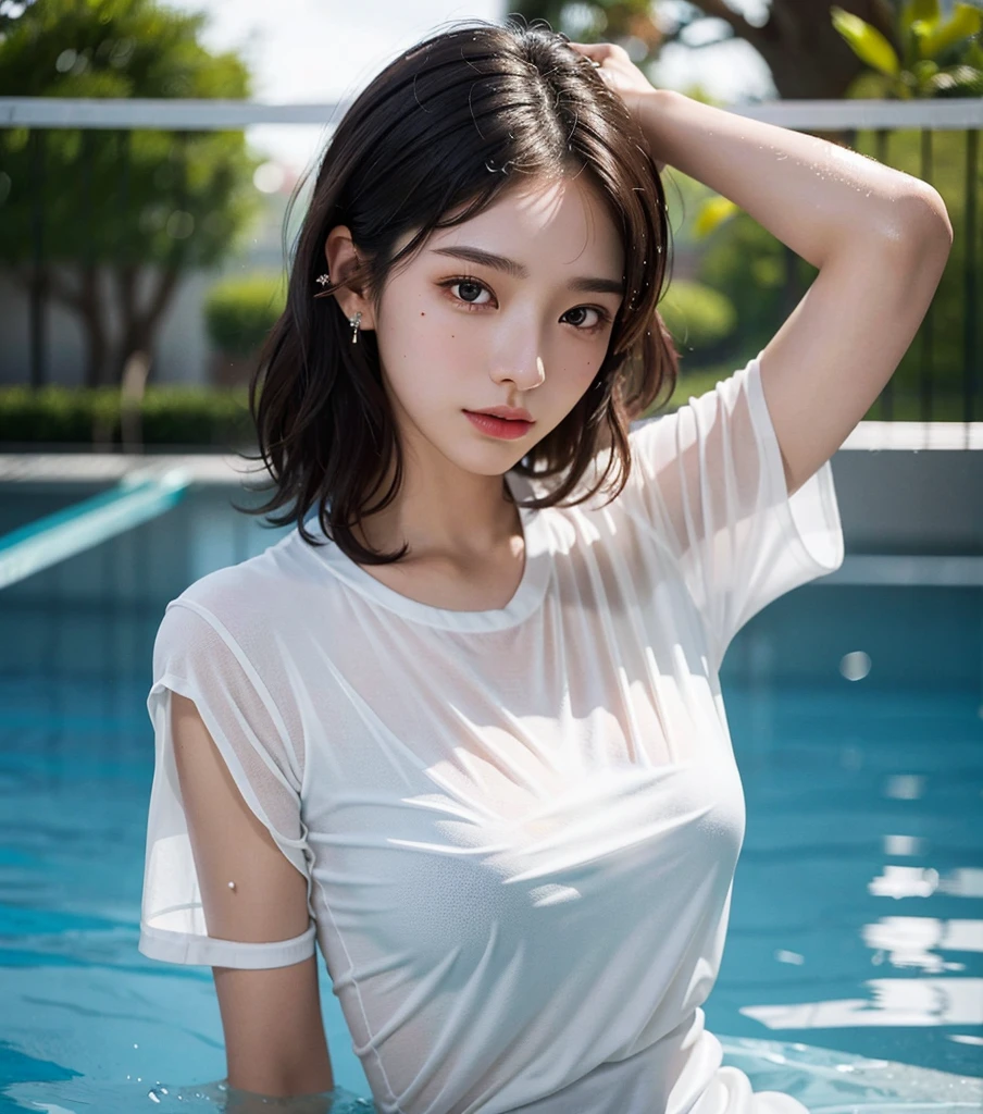 masterpiece, best quality, extremely delicate and beautiful, ultra-detailed, high-resolution, 20 years old, detailed beautiful face, tearful mole, earring, very huge round breasts, short medium hair, wavy hair, wet clothes, full body shot, alone, (volleyball Jersey),