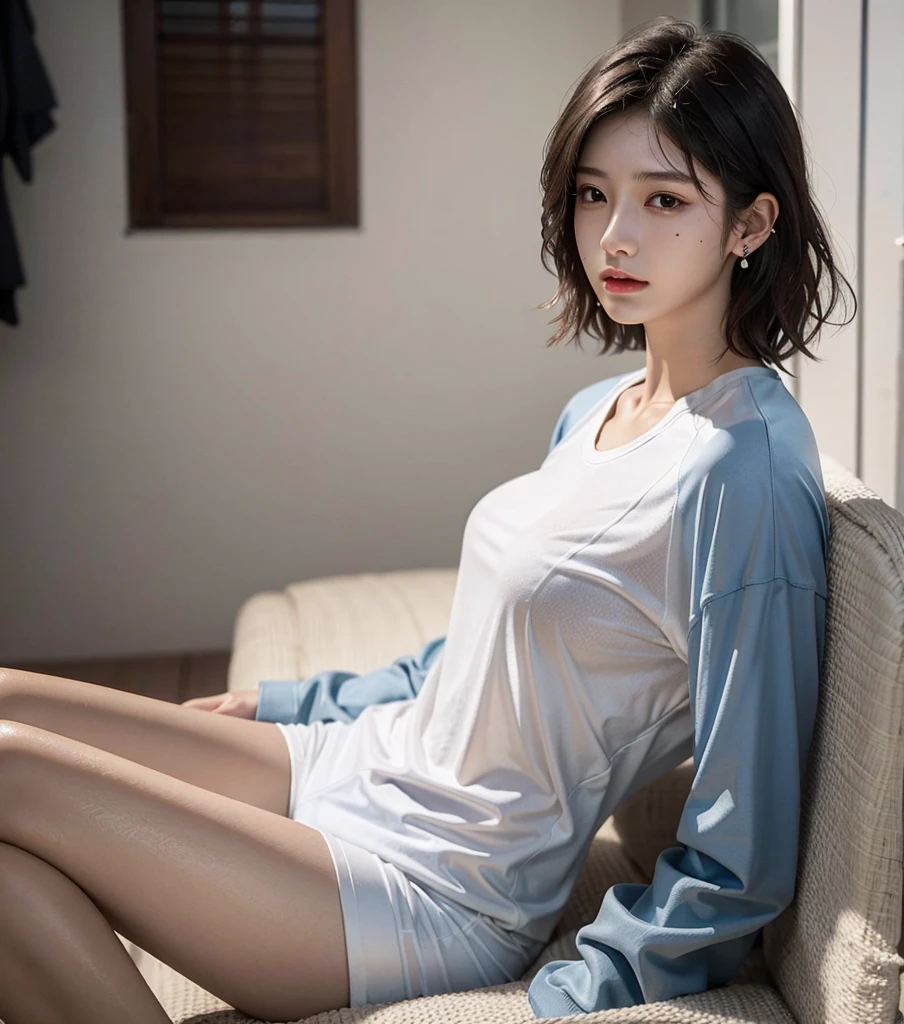 masterpiece, best quality, extremely delicate and beautiful, ultra-detailed, high-resolution, 20 years old, detailed beautiful face, tearful mole, earring, very huge round breasts, short medium hair, wavy hair, wet clothes, full body shot, alone, (volleyball Jersey),