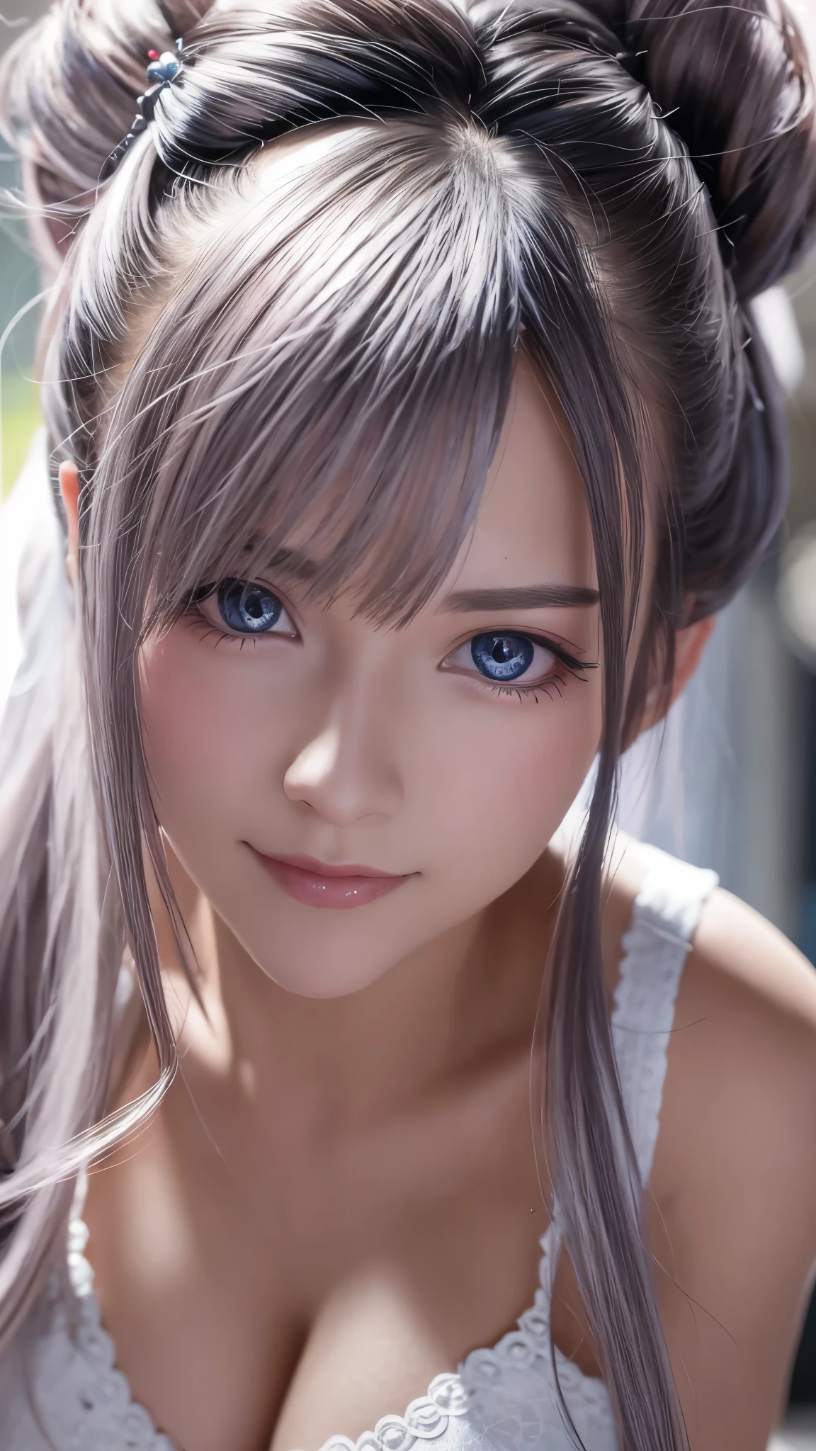 (Best quality, Ultra-detailed, photo-realistic:1.37), Silver-haired woman, (big breast:1.5), Fantastic blue eyes, smiling broadly, Soft lighting, pink apron, illustration, bangs, Flowing hair, Gentle breeze, Shiny hair, Thick egg whites, Close-up of black stockings, mitts, Gradient hair, folded ponytail, blue halo, Glowing eyes, Wide eyes, drunk, Anime style, shadowing, back lit lighting, macro photograph, Close-up, first person perspective, head out of frame, hyper HD, High details, Best quality