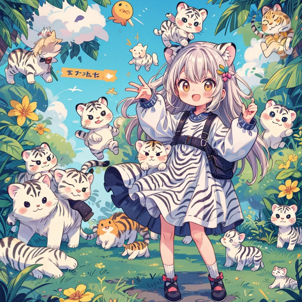 small、Best Quality、masterpiece、Official Art、The best composition、A beautiful girl wearing a zebra print dress, who is a fairy of the four gods, has a cute fluffy white tiger in her pocket.、