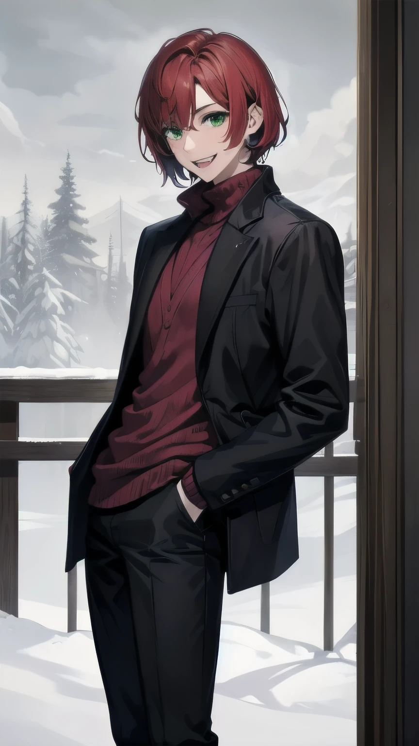 (masterpiece), ((sfw)), best quality, expressive eyes, perfect face, mature male, (1boy, adult Man, young adult, handsome man), solo, red hair BREAK bob cut, green eyes BREAK (tanned skin, tanned male), snow forest, cloudy sky, standing, , smile, :D, red sweater BREAK black pants BREAK