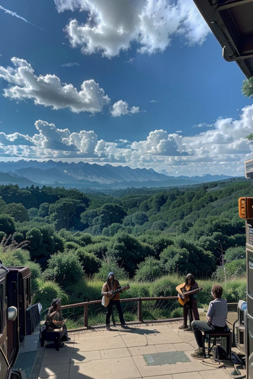 A rock band playing their instruments on top of running train amidst the wilderness, 90s anime style, highly detailed clouds and terrain, beautiful