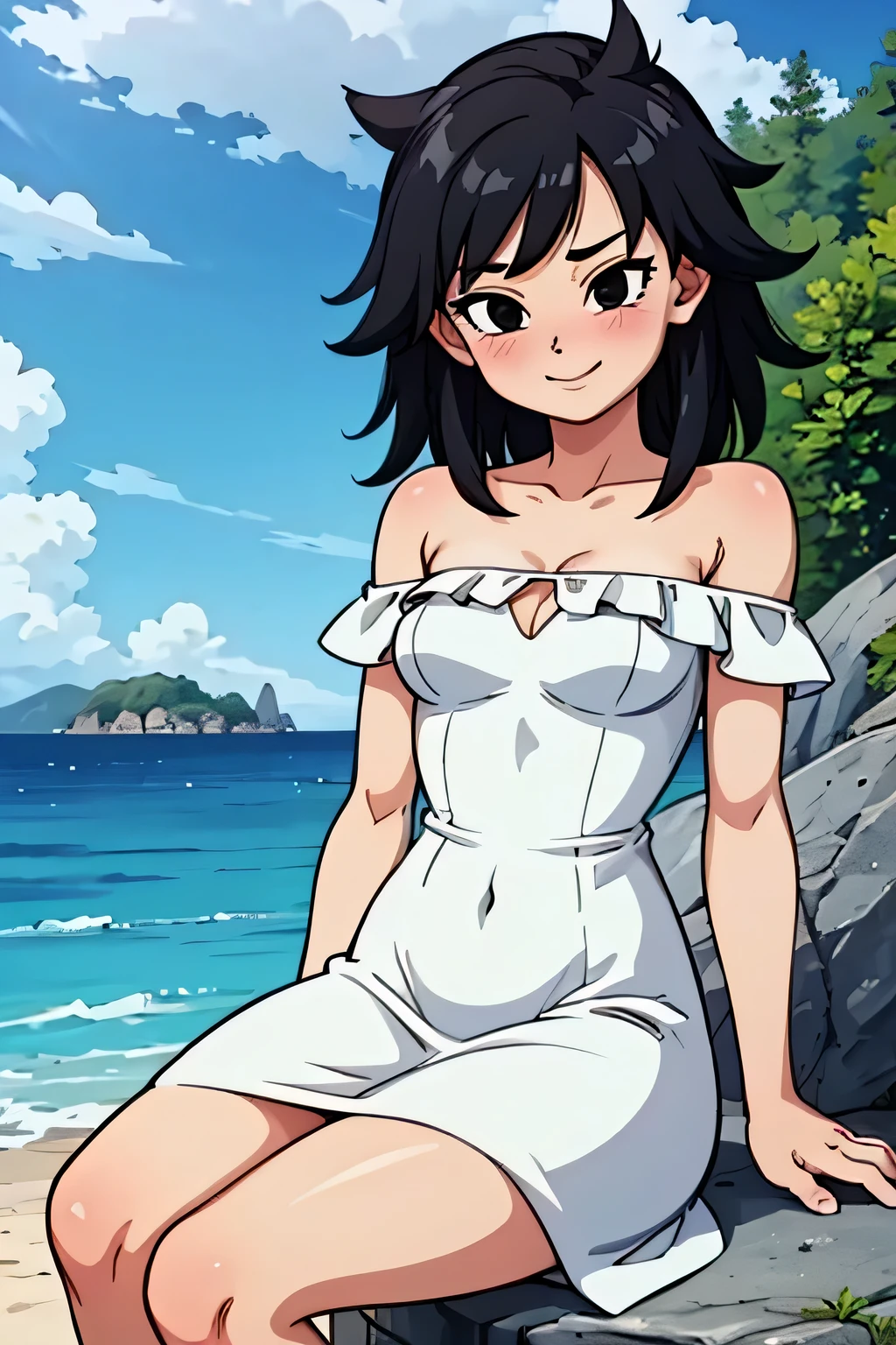 anime screencap, masterpiece, best quality, highres, outdoors, small breasts, gine, spiky black hair, 1 girl, Solo, Black Eyes, Good hands are down, Smile, Blushing, Bare Neck, Bare Shoulders, strapless, White Ruffle Off-the-Shoulder maxi dress. Cowboy shot. A landscape of the beach, sea, blue skies, sand beach. In the center. Sitting on a big boulder, Far from the bottom, looking at viewers