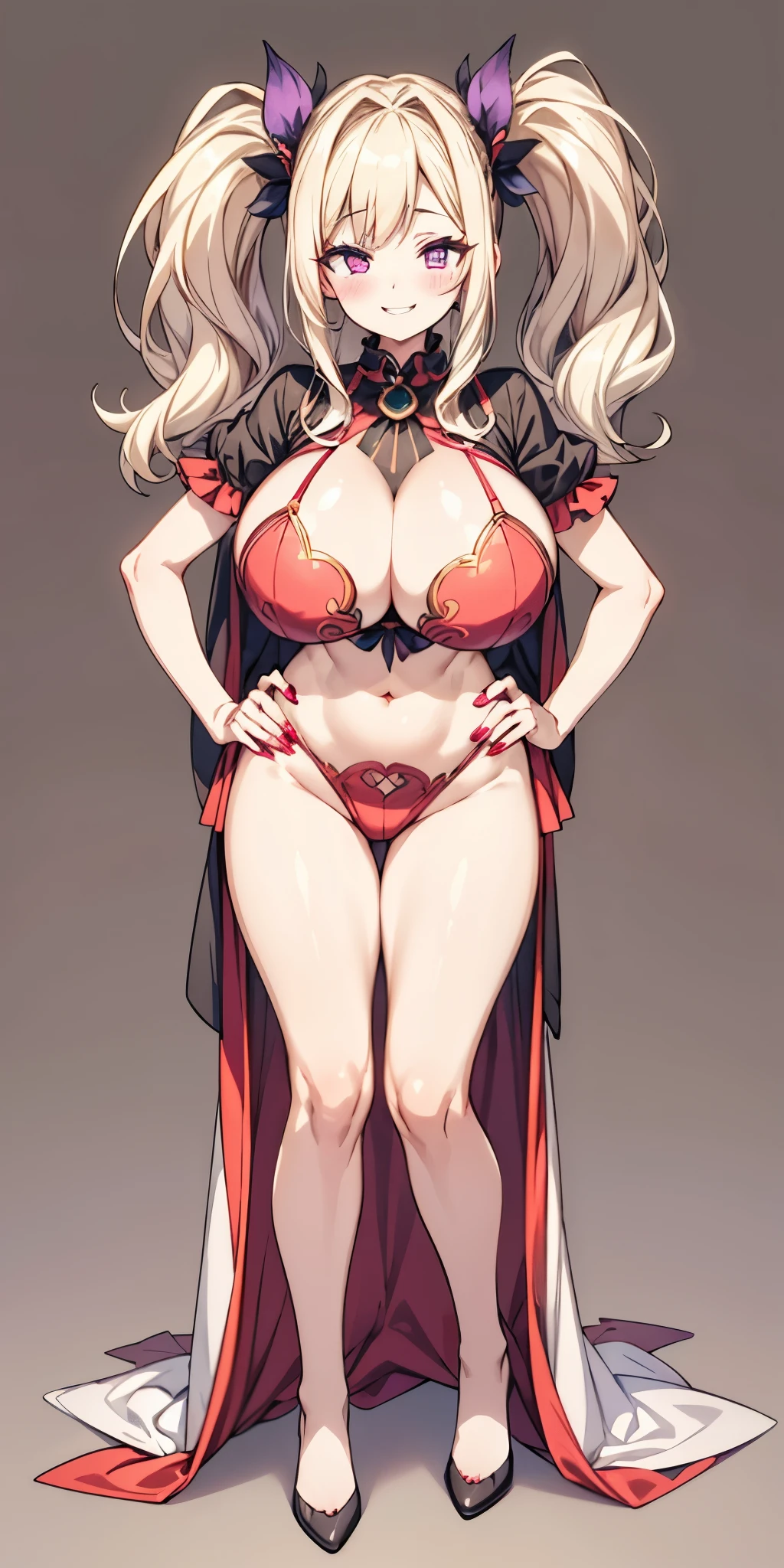 (plain background) (chest covered)(smile) gray skin, pale golden hair and violet eyes, huge knockers, full body standing symmetrical lustful smirking smile face red blush, pink painted nails, 1 girl full body standing straight symmetrical lustful smirking smile face red blushed, red cheeks, hands on hips