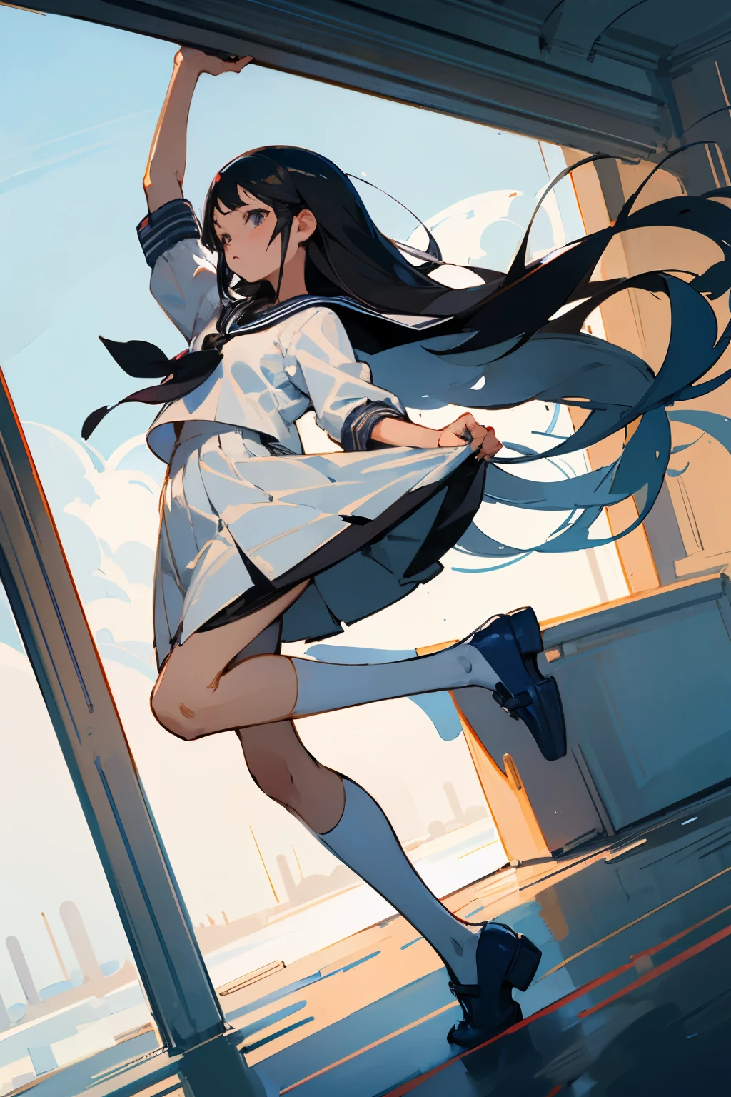 ((highest quality)), ((masterpiece)), (detailed),anime,An illustration,girl,Young,whole body,Sailor suit,Low - Angle、Long Black Hair,lift up the skirt, nylon pantie,