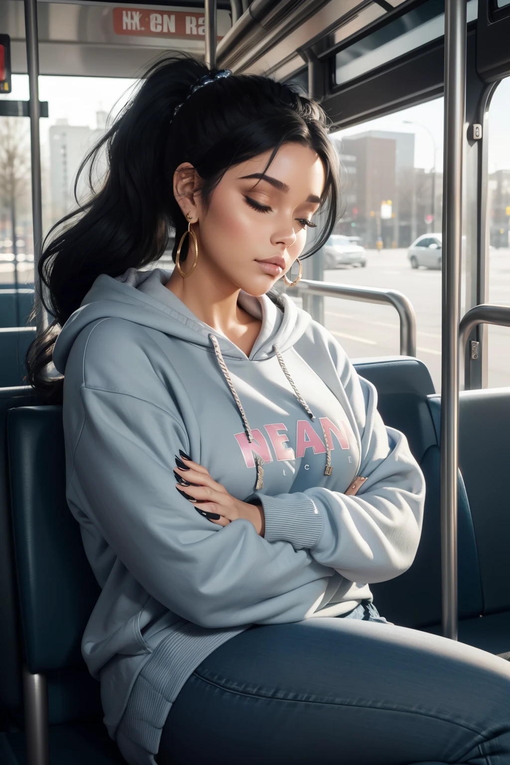 1 beautiful woman, curvy, large body, black hair, made-up face, ponytail, wavy tail, light blue jean pants, earrings, GRAY SWEATSHIRT WITH HOOD, big nails, made-up eyelids, sneakers, asleep lying on the bus, eyes closed, arms crossed, mouth open.