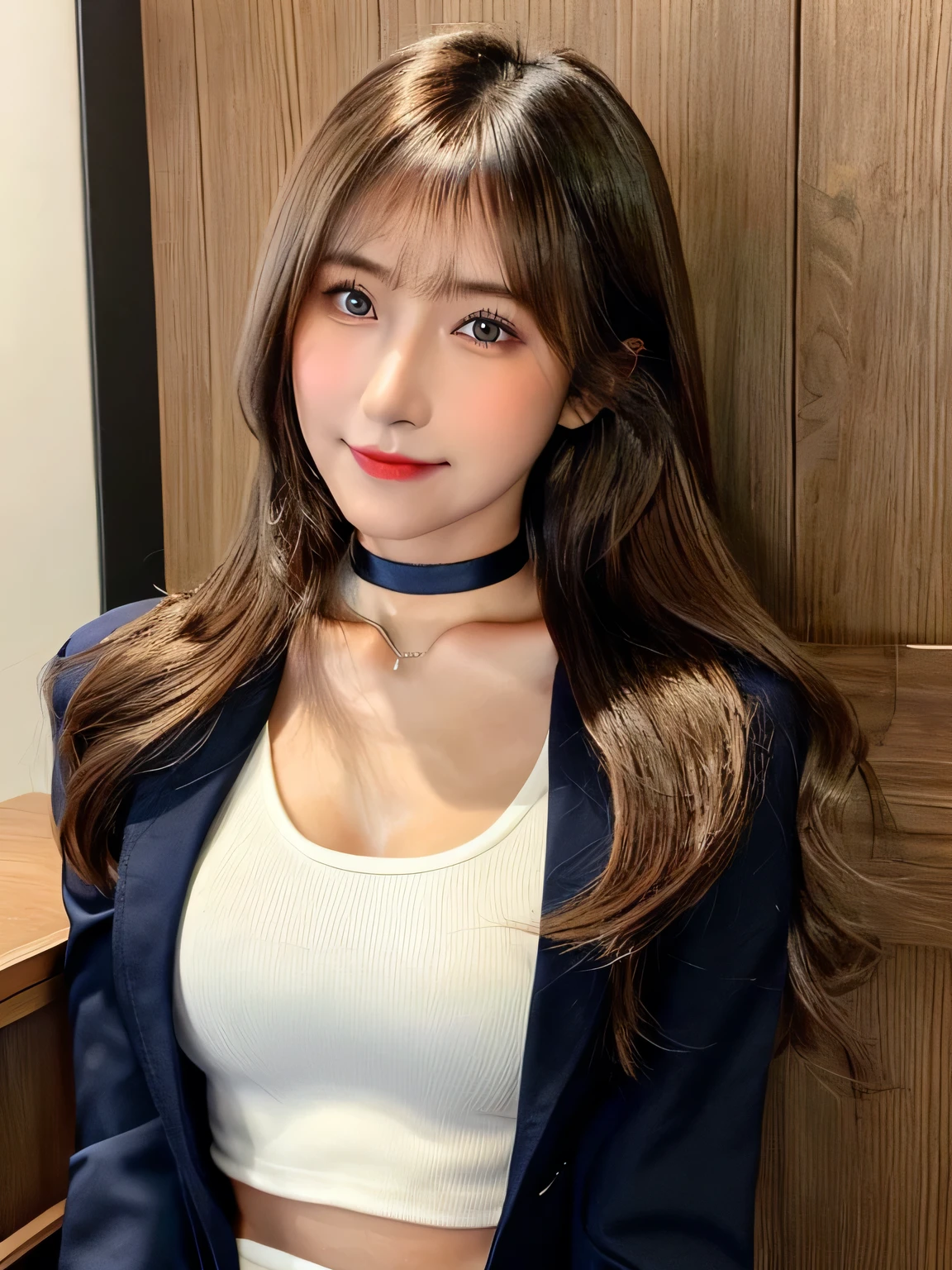 masterpiece, 1 mature woman per photo, Cute Japanese Secretary, Very cute face, Glossy Lips, Double eyelids on both eyes, Natural Makeup, (Brown Hair , Long Bob Hair), Asymmetrical bangs, High resolution, Attention to detail, Detailed hairstyle, Detailed face, Cinema Lighting, Octane Rendering, Ultra-realistic, Perfect limbs, Perfect Anatomy, ((Black choker:1.2)), blue eyes, Big Breasts, ((The body is slim:1.5)), Cool Beauty, Slim face, smile, Fantasy World, ((Straight Long Hair)), Wooden wall, Wooden desk, Wooden chair, Big Breasts, (uniform, Navy blue blazer), document, coin, book, pen, Sitting, I am writing a diary., High nose