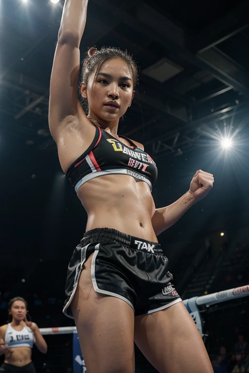A female, Stamp Fairtex, One championship, mixed martial arts fighter celebrates with her right arm raised, wearing a colorful sports bra and shorts, standing in front of an audience in an arena.