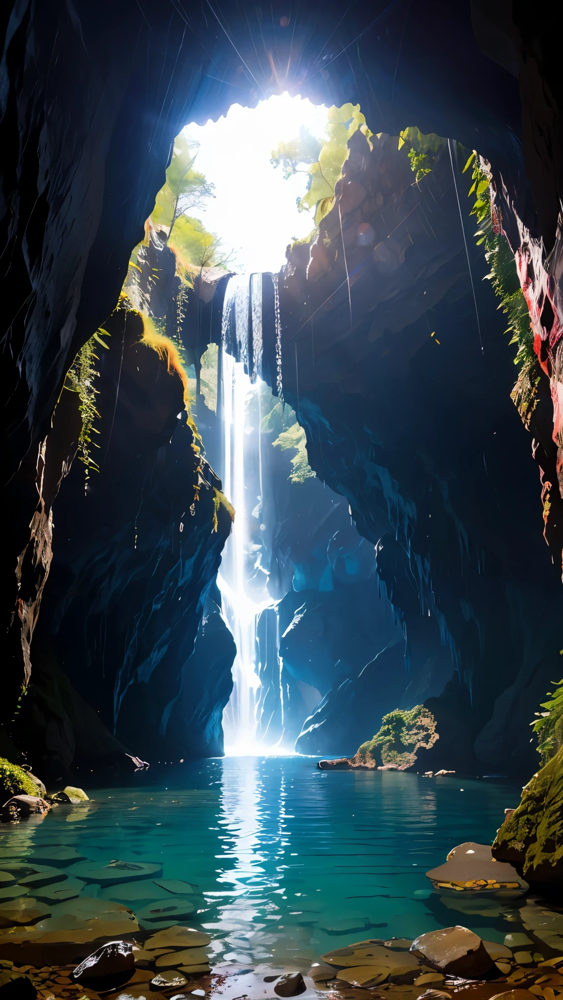  (8k, RAW Photos, 最high quality, masterpiece:1.2), High-quality RAW color photos, Professional photo shoot, Scenery of a small waterfall in a cave, water flowing, Quiet Flow, Amazing illumination, Mysterious cave scenery, dim, Rocks and shining stalactites, Water reflection, Lens flare, high quality, photo shoot.