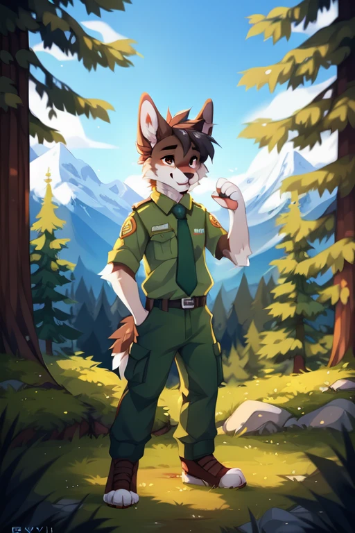 solo，full body，Male，rabbit，park ranger，trousers，outdoor，park ranger green tie，((Campaign Cover))，Evergreen pine forest and mountains national park in the background，Environmental protection area, ((by keihound, by reysi)), by Zackary911, by hyattlen, by fumiko, by fluff-kevlar, Furry, Anthro,