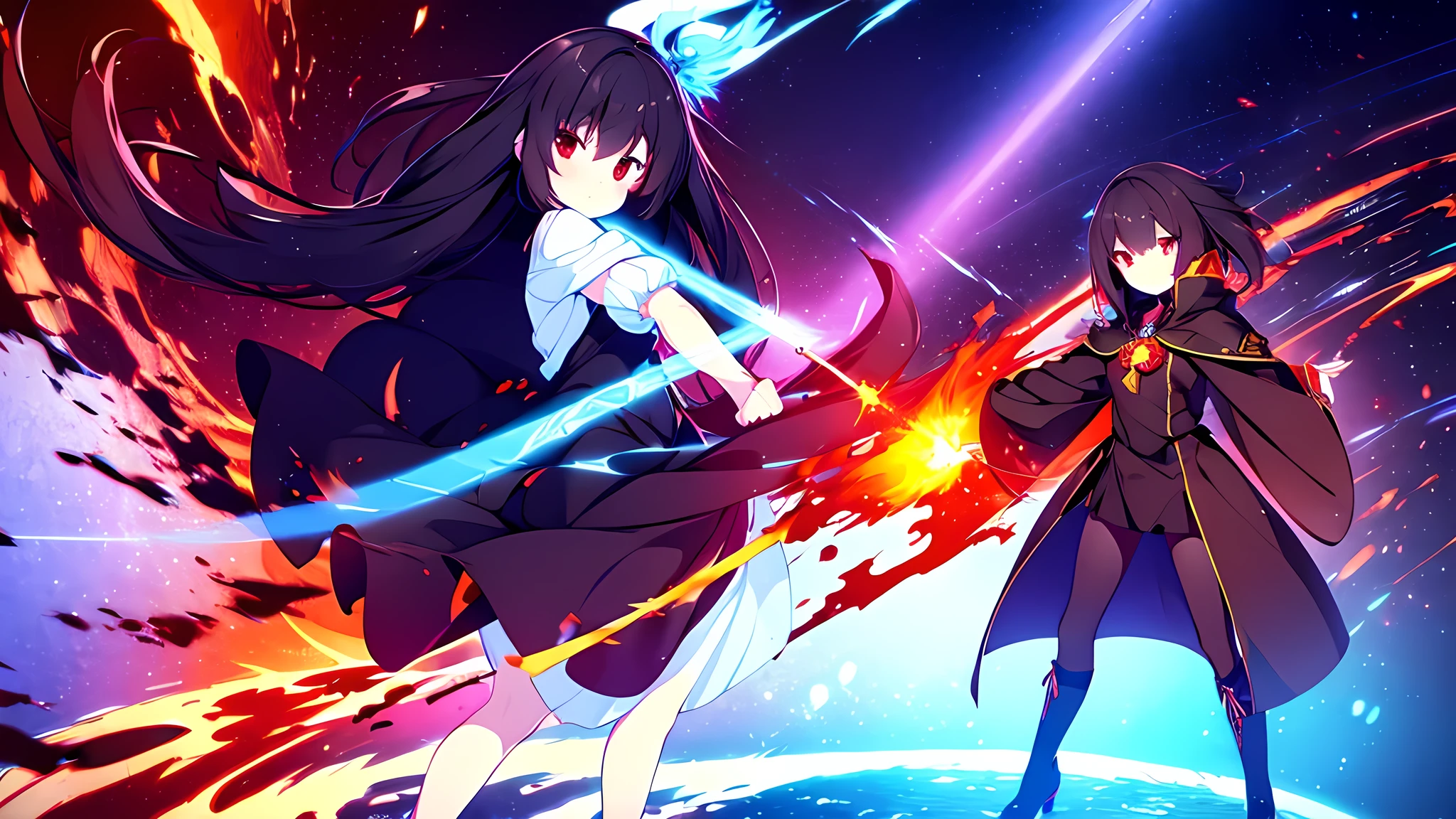 1girl, black hair, red eyes, fire witch, blood, light particles, light rays, wallpaper, high contrast, colorful, full body