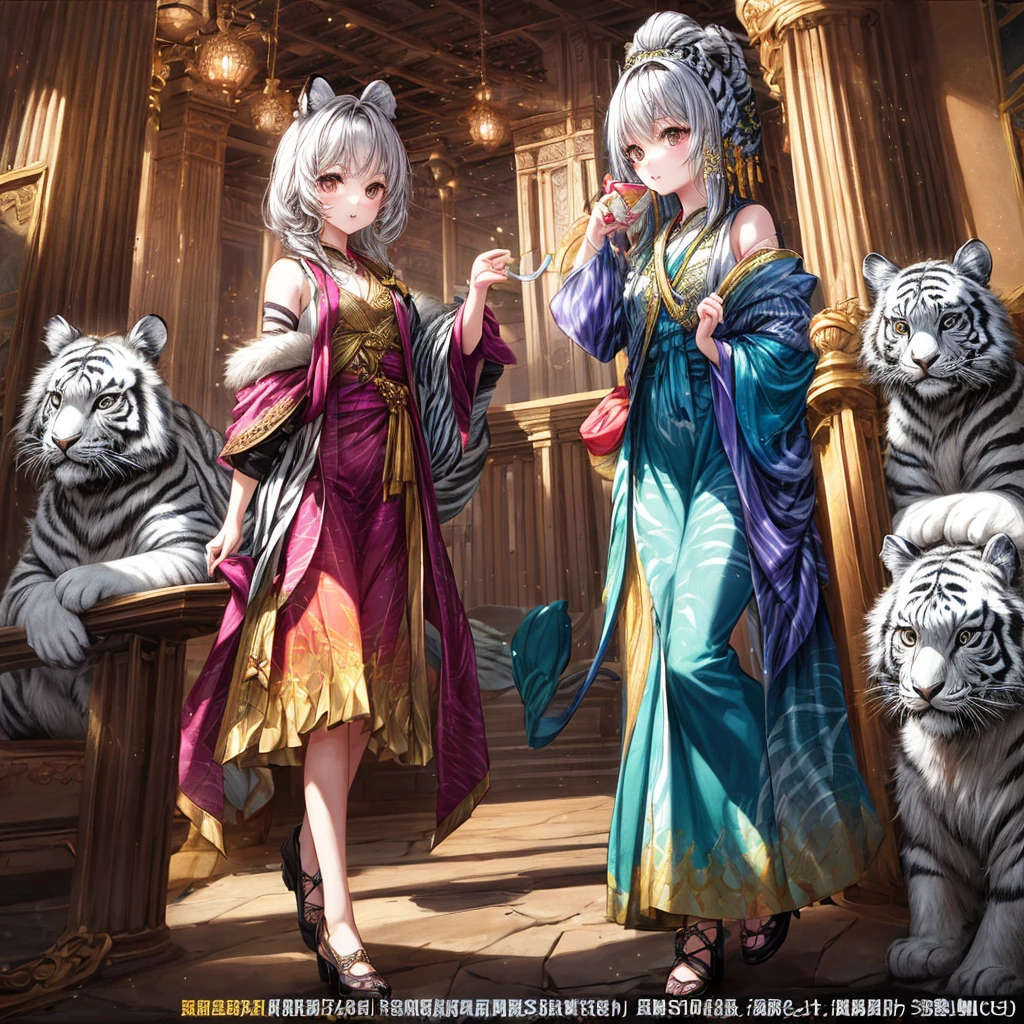 small、Best Quality、masterpiece、Official Art、The best composition、A beautiful girl wearing a zebra print dress, who is a fairy of the four gods, has a cute fluffy white tiger in her pocket.、