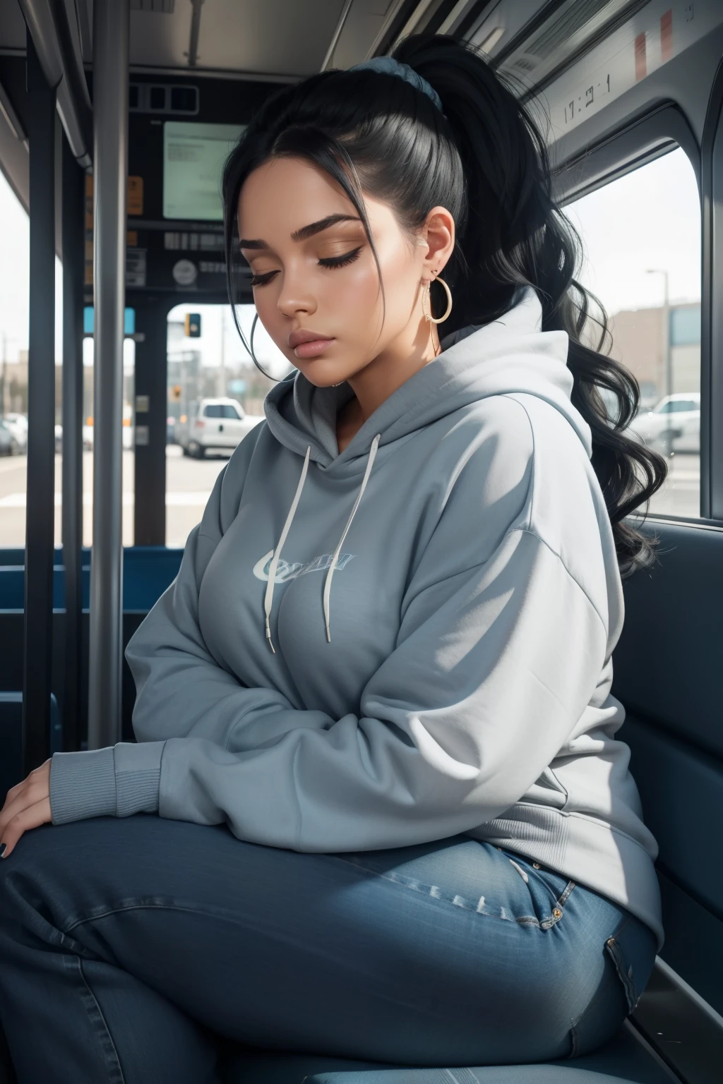 1 beautiful woman, curvy, large body, black hair, made-up face, ponytail, wavy tail, light blue jean pants, earrings, GRAY SWEATSHIRT WITH HOOD, big nails, made-up eyelids, sneakers, asleep lying on the bus, eyes closed, arms crossed, mouth open.