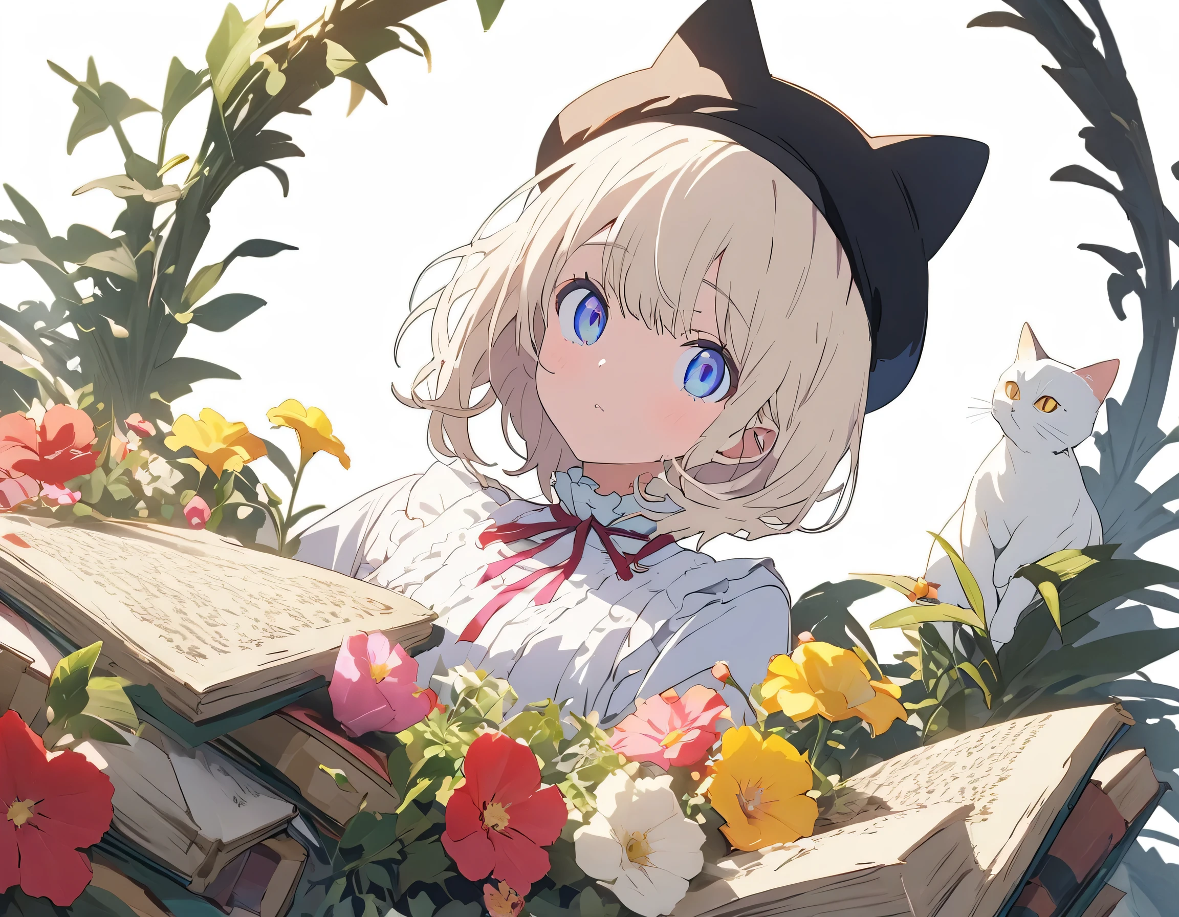 (Pure white background:1.8),anime style, blond girl with a black hat sitting on top of books and a cat, patterned background, full body portrait, surrounded by flowers and plants, retro patterns, dark green and light yellow, intricate details, high resolution, vintage style. --ar 3:4 --niji 6 --s 1000 --style raw,((figure、High quality 8k))、(highest quality、masterpiece、High resolution、detailed)、anime style、Flat Style, BREAK,flat color, flat shading、extremely detailed、eyes shining colors illuminated light, Delicate and beautiful face, (The Shining), Best lighting, Best Shadow、High saturation,Dynamic Angle、Moe anime official art、anime