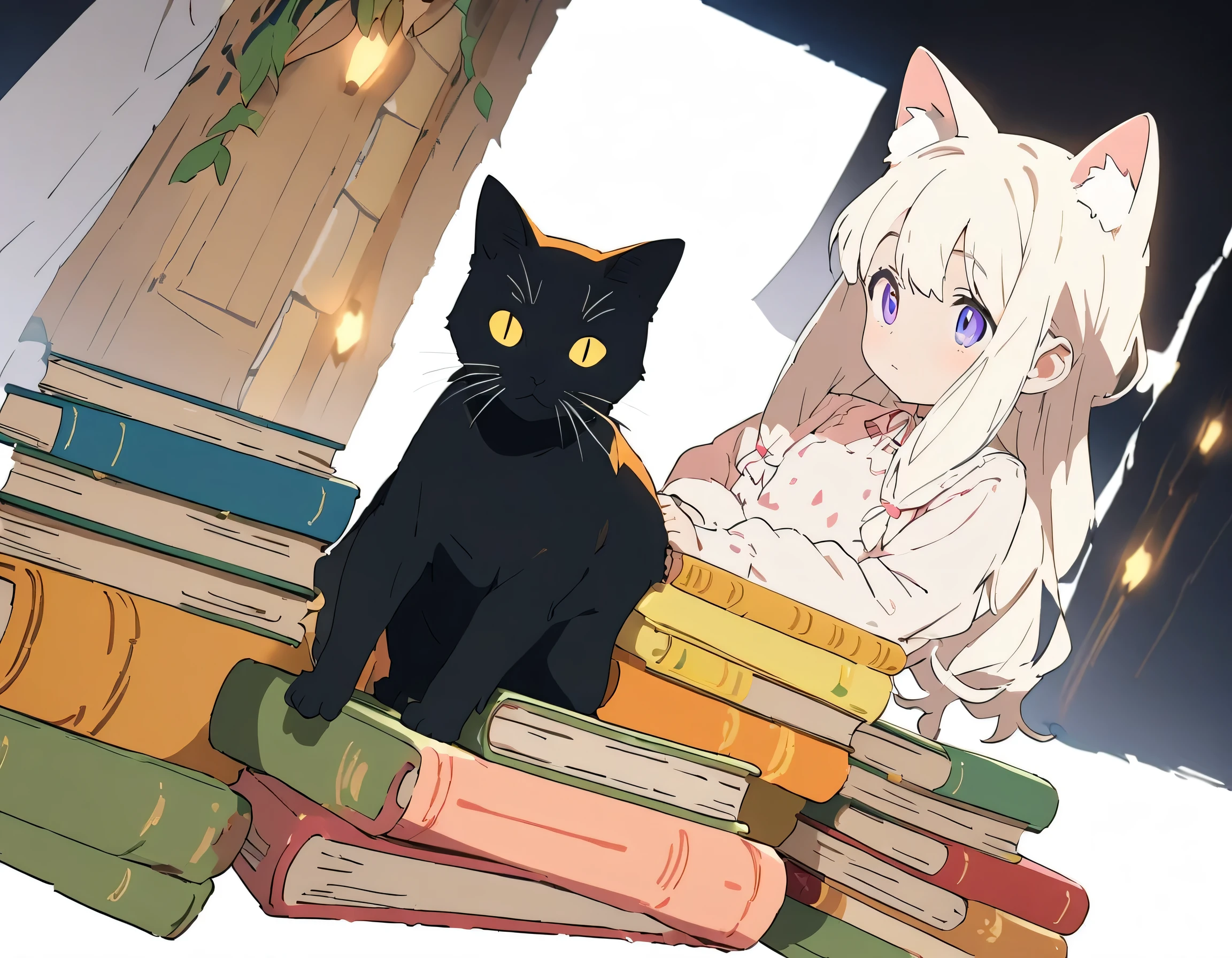 (Pure white background:1.8),anime style, blond girl with a black hat sitting on top of books and a cat, patterned background, full body portrait, surrounded by flowers and plants, retro patterns, dark green and light yellow, intricate details, high resolution, vintage style. --ar 3:4 --niji 6 --s 1000 --style raw,((figure、High quality 8k))、(highest quality、masterpiece、High resolution、detailed)、anime style、Flat Style, BREAK,flat color, flat shading、extremely detailed、eyes shining colors illuminated light, Delicate and beautiful face, (The Shining), Best lighting, Best Shadow、High saturation,Dynamic Angle、Moe anime official art、anime