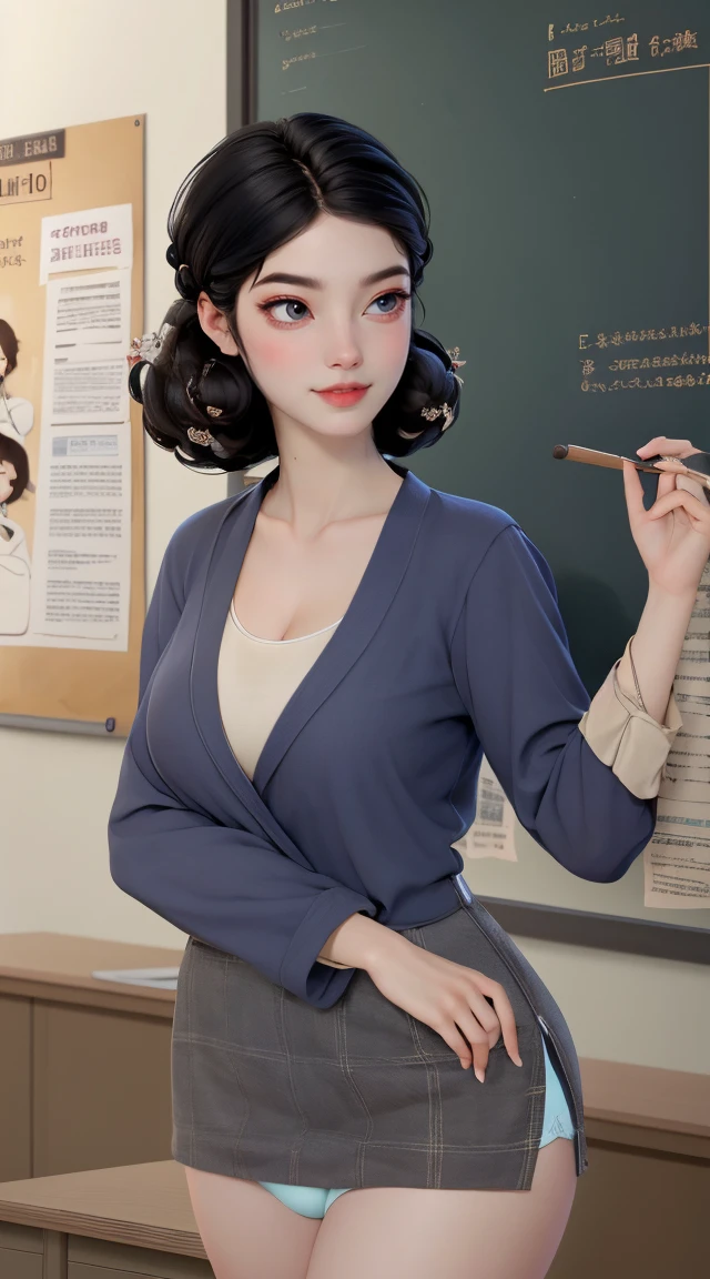 (best quality,4K,8k,high resolution,masterpiece:1.2),Super detailed,(Practical,photoPractical,photo-Practical:1.37),Nezuko Kamado,Sexy teacher,Beautiful and delicate eyes,Beautiful and delicate lips,Long eyelashes,Long black hair,fit,(Big Breasts,Cleavage close-up,Wide hips, Curvy beauty,)cleveage,Revealing clothes,Short skirt,Suggestive underwear,Confident Posture,Teaching sex education,Classroom environment,blackboard,Books and papers,Students focus on,Expression of involvement and interest,Dedicated and professional teaching,Educational posters on the wall,Bright colors,Studio Lighting,soft warm tones,Warm and welcoming atmosphere
