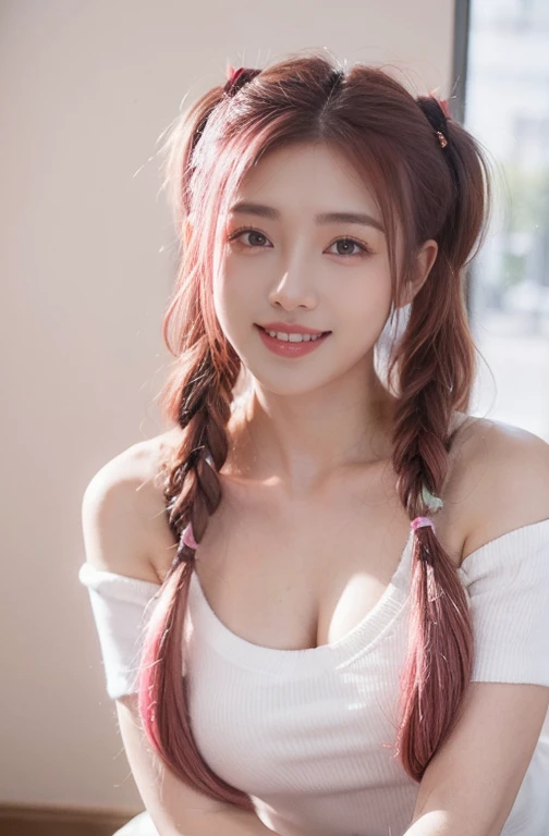 21yo girl, pink hair, (twintail Hair). Smile,Wearing white oversize t-shirt,, show shoulders, cleavage, show big thigh, natural big brseast, plumpy body, doggy pose