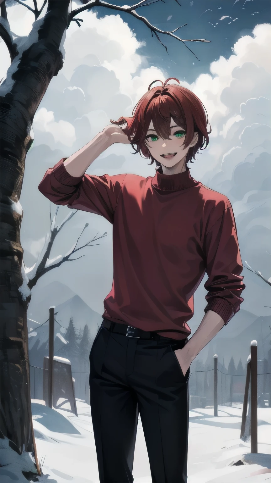 (masterpiece), ((sfw)), best quality, expressive eyes, perfect face, mature male, (1boy, adult Man, young adult, handsome man), solo, red hair BREAK bob cut, green eyes BREAK (tanned skin, tanned male), snow forest, cloudy sky, standing, , smile, :D, red sweater BREAK black pants BREAK 