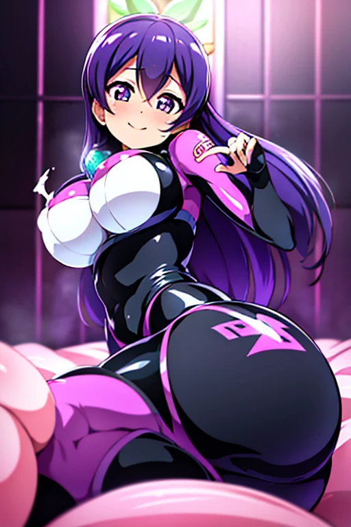 masterpiece, best quality, ultra-detailed, kawaii, cute, lovely, sexy, ero, extremely detailed, 4K, 8K, best quality, beautiful, anime style, latex bodysuit, beautiful eyes, large breast, tattoo, ahegao, love live!,toujou nozomi,purple hair,green eyes,sexy pose,seductive smile,heart-shaped pupils