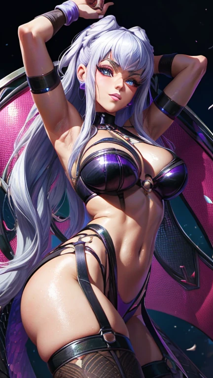 Melhor qualidade, super detalhe, obra de arte, Ultra HD, 8k, 1 garota, concentre-se na garota, seminua, underwear, calcinha, Bikini, K/DA All Out Evelynn, League of Legends, look sexy, calcinha curta, na cama.