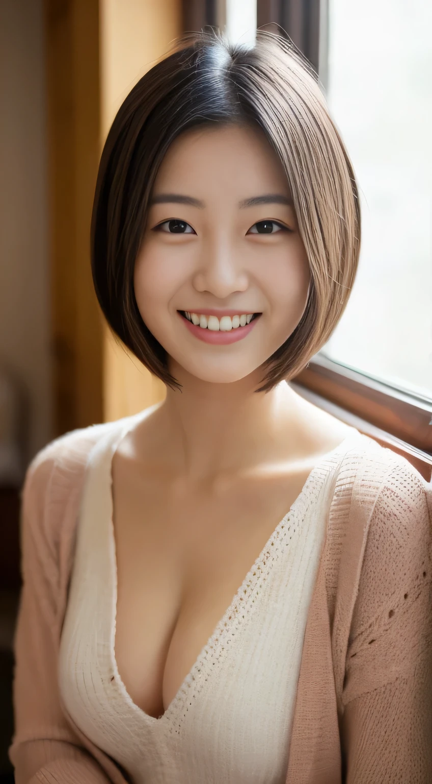 masterpiece,best quality,(Japanese ),((Beautiful girl)),cleavage,indoor,(perfect body beauty:1.2),(shy smile),beautiful teeth,