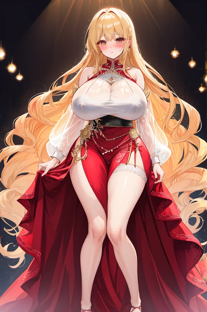 A woman with big ，(Gorgeous woman)，Gorgeous red lace dance skirt，Long blond hair，Delicate accessories，Protruding lower chest，(transparent)，(See-through clothes)，(blush:1.2)，Long legs，Prom，