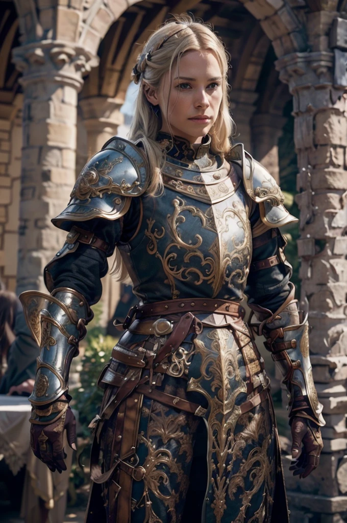 beautiful detail, best quality, 8k, highly detailed face and skin texture, high resolution, beautiful blond hair girl in medieval armor stand infront of castle, full body, sharp focus
