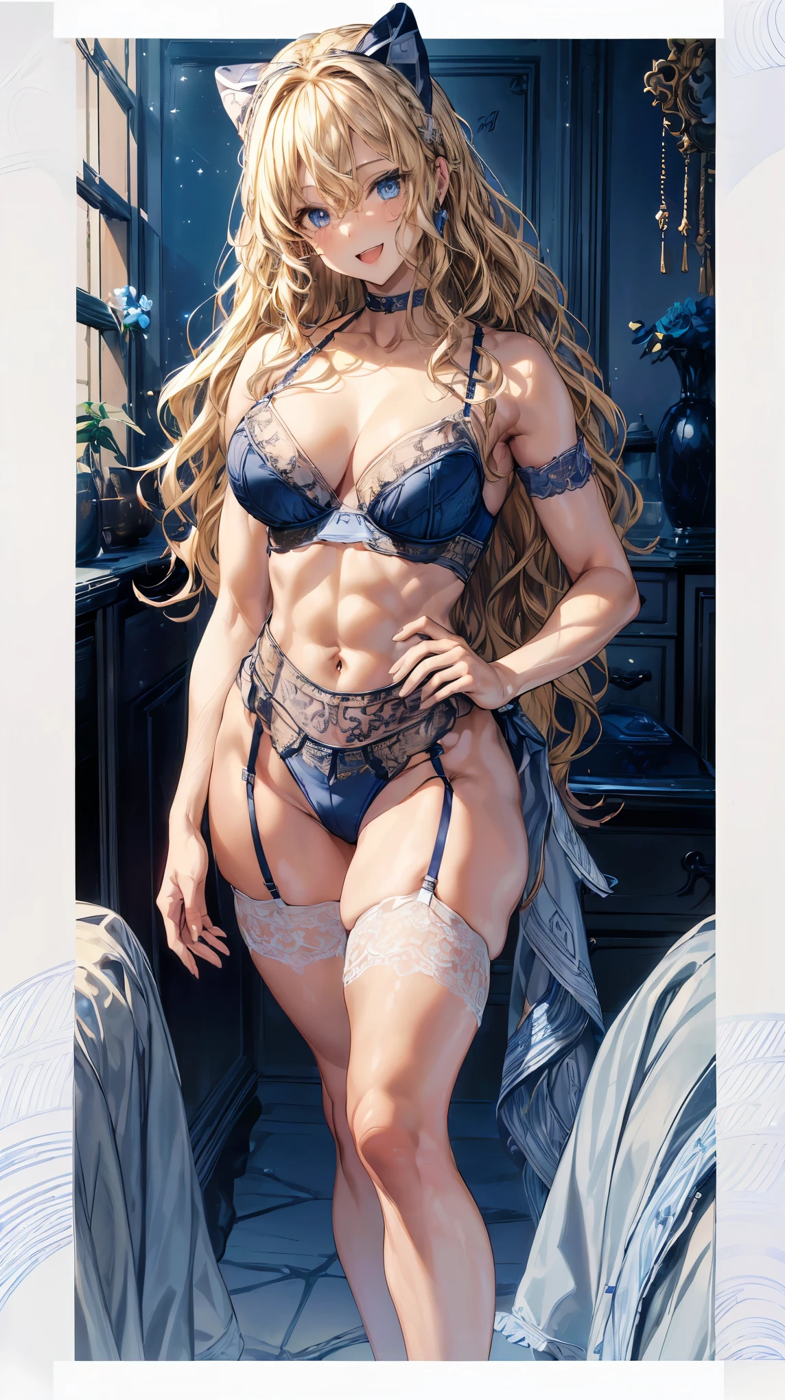 (Adult women:1.5)、Very detailed、highest quality、Best image quality、masterpiece、8k、Anime Face、A kind smile、(Open your mouth:1.parkling blue eyes、(Blonde Wavy Hair:1.5)、、Muscles of the whole body、(High leg:1.5)、Thigh belt、(Wearing lingerie:1.5)、(Cowboy Shot:1.5)、Siant