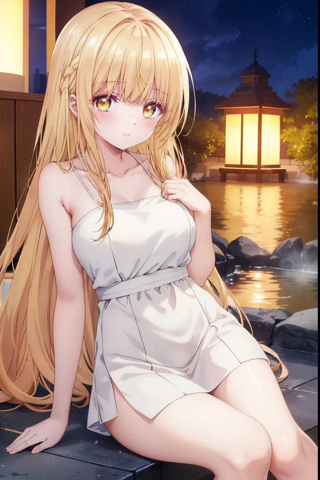 Mahiru shiina, , blonde, (Yellow Eyes:1.3)、Braided long hair,,blush,smile,night、Captivating thighs、Beautiful bare legs, Sideways armpit、Shoulder Bare、The clavicle is visible、Armpit Show、Sideboob is visible、Shoulder Bare、Bath towel appearance、hot spring
(masterpiece:1.2), highest quality, High resolution, unity 8k wallpaper, (shape:0.8), (Beautiful and beautiful eyes:1.6), Highly detailed face, Perfect lighting, Extremely detailed CG, (Perfect hands, Perfect Anatomy),