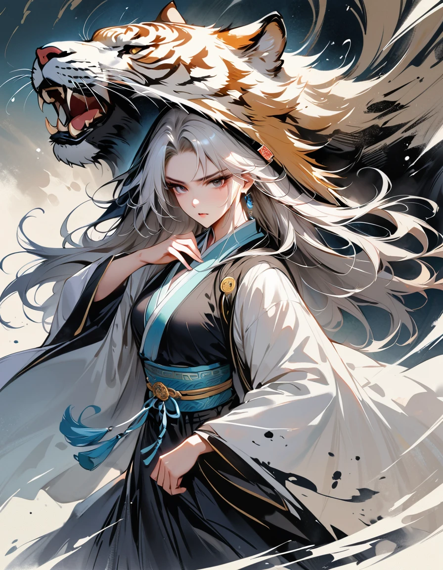 (masterpiece, best quality:1.2), 1 girl, alone,two-dimensional,Astonishing,Inspired by the myths and legends of Guilin, China:Liu Sanjie,A bust of a woman long white hair,black eyes, a woman, A cloak over his head, metal jewelry, Serious expression, attack action, bow your head, hanfu, black clothes, eyes cold, loose hair, (ink smudges) beautiful figure painting, Clothing black and white ink style, Delicate skin tone, watercolor, soft, martial arts style, ethnic style, Exquisite and beautiful face, sash, keen vision,black theme,The ferocious beast behind,tiger,body movements,whole body,shoe,sock